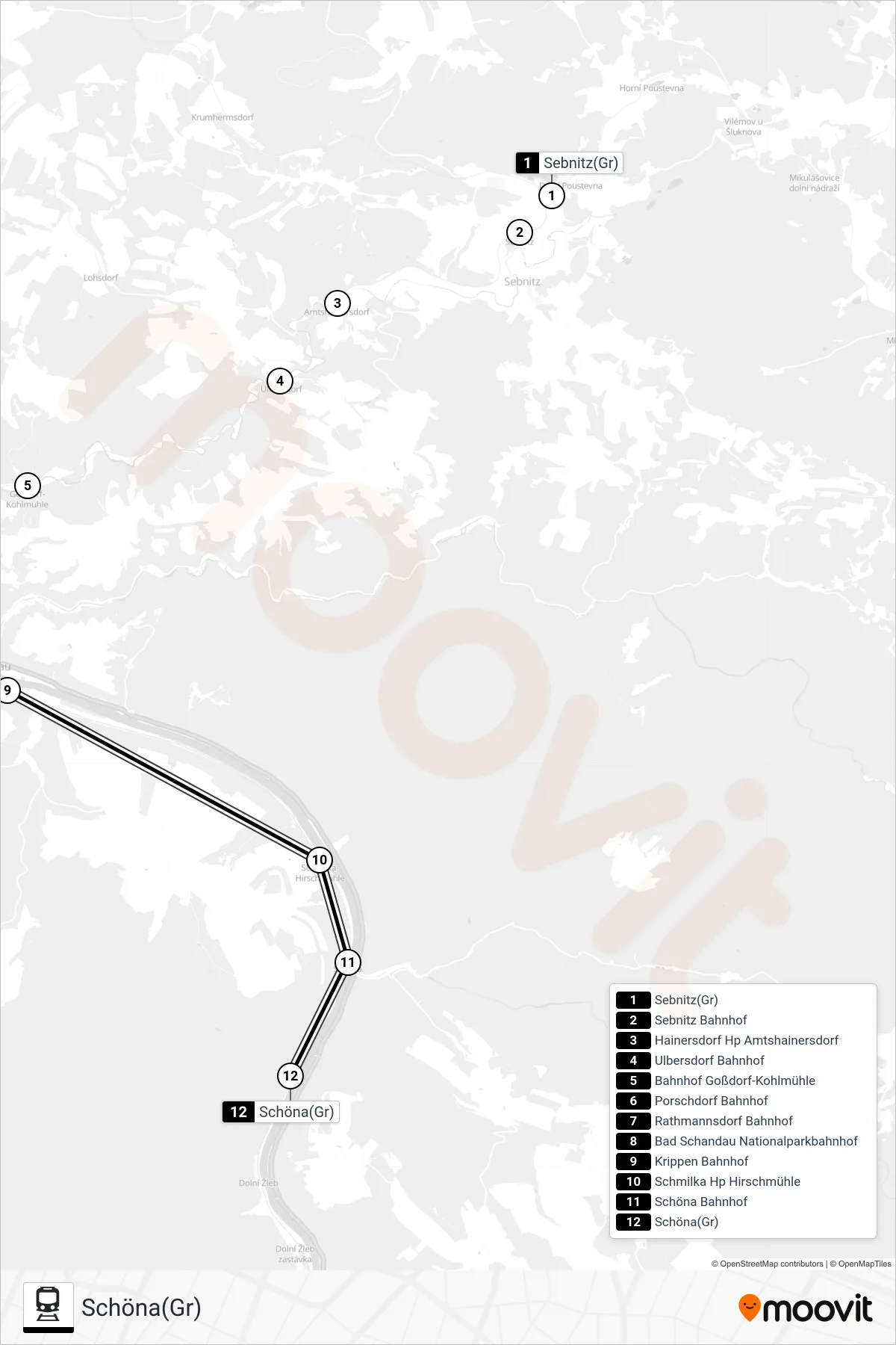 U28 rail Line (Schöna(Gr)) route and stops on a map