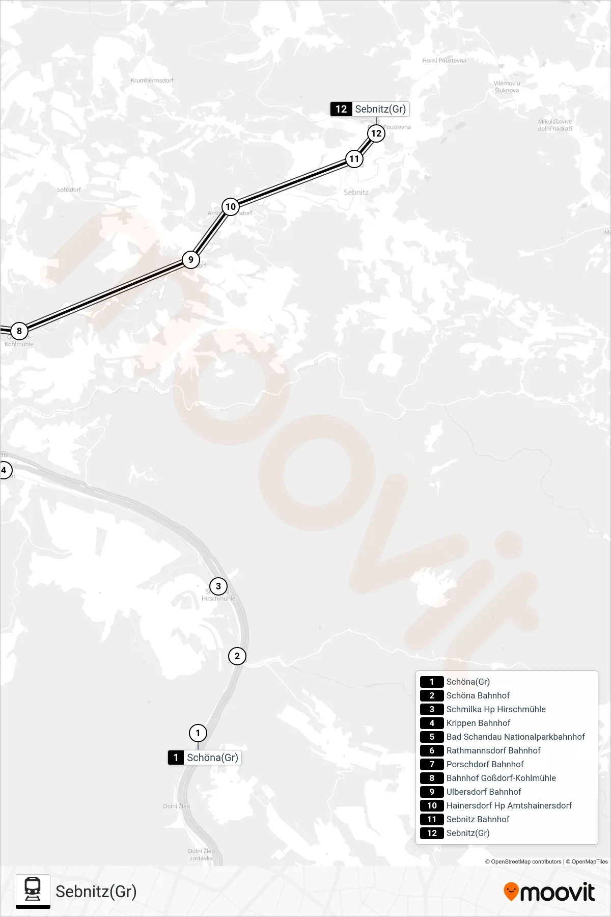 U28 train Line (Sebnitz(Gr)) route and stops on a map