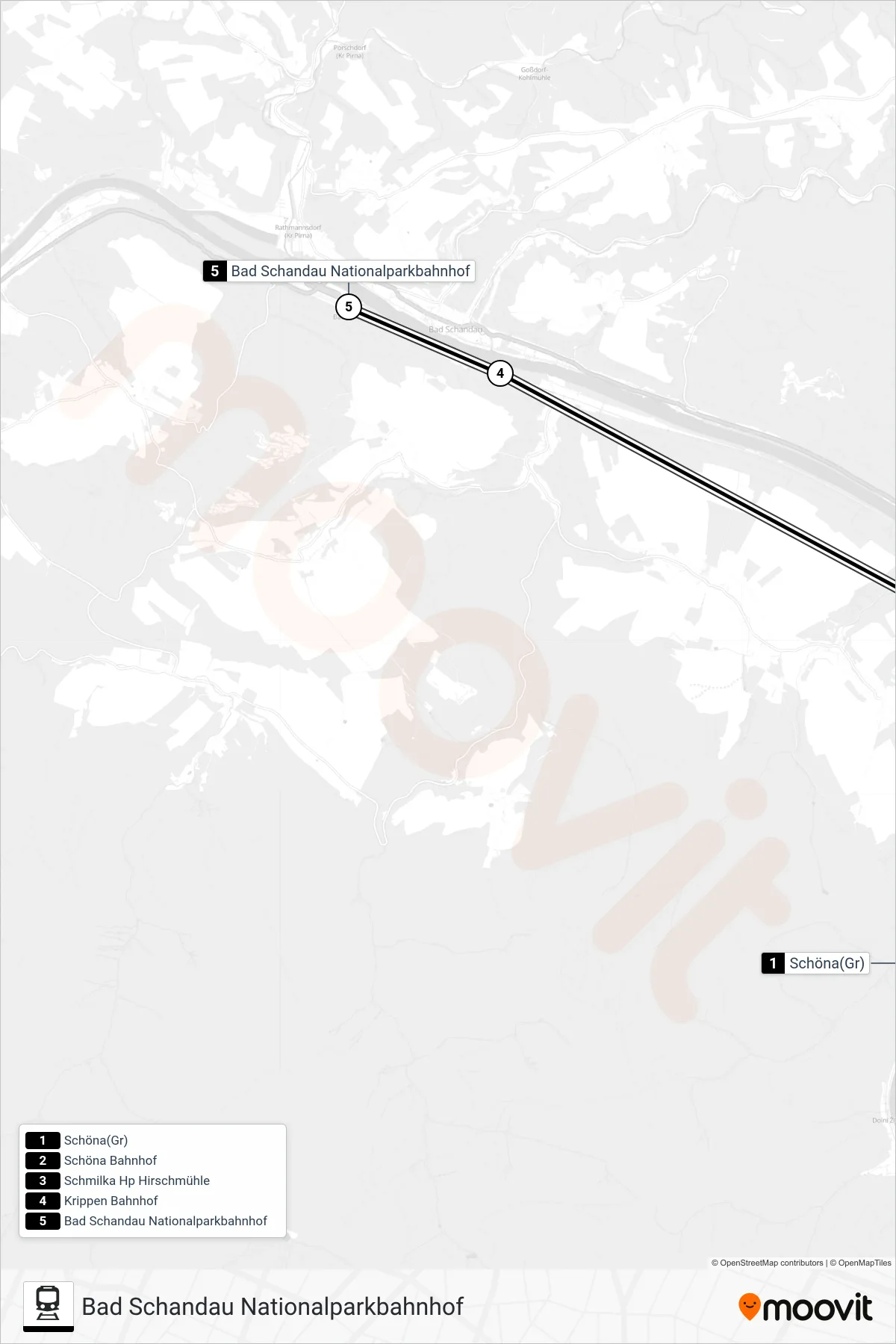 U28 train Line (Bad Schandau Nationalparkbahnhof) route and stops on a map