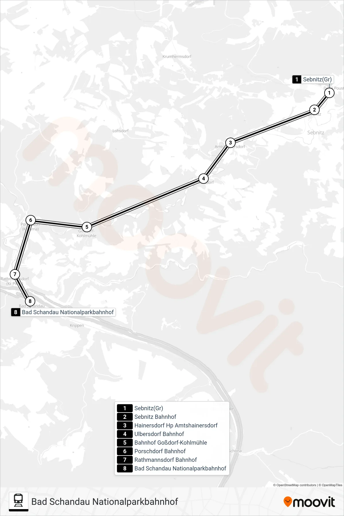 U28 train Line (Bad Schandau Nationalparkbahnhof) route and stops on a map