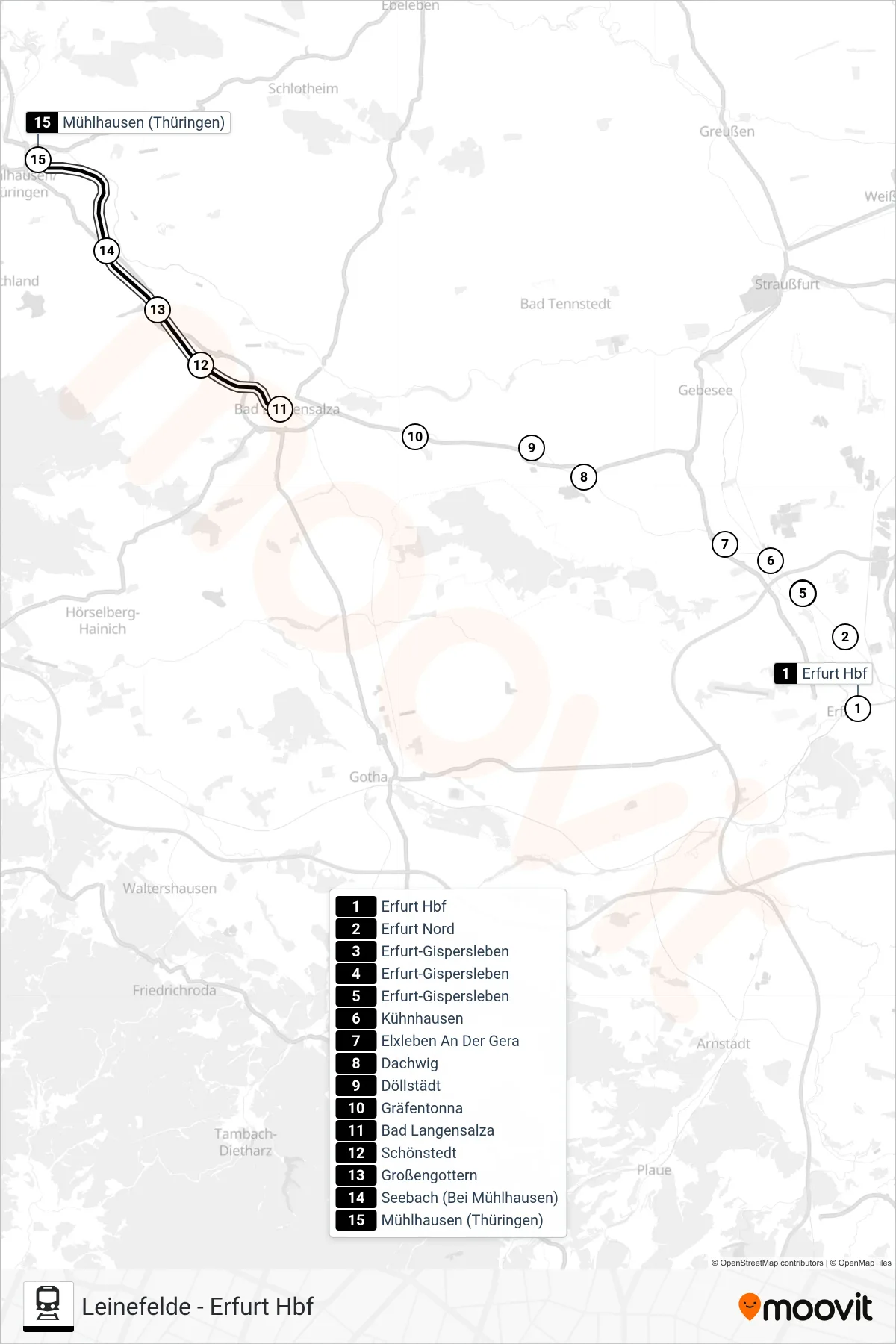 RB52 train Line (Mühlhausen (Thüringen)) route and stops on a map