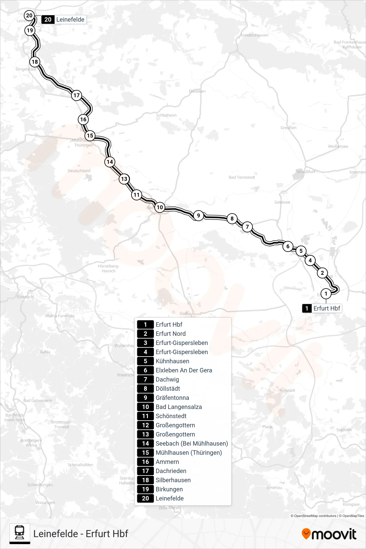 RB52 train Line (Leinefelde) route and stops on a map