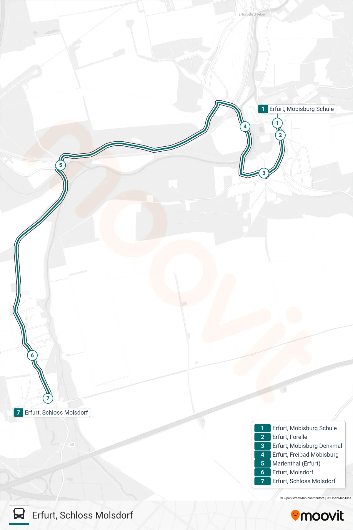 Linie 75 (Bus) Richtung Erfurt, Schloss Molsdorf: Route und Haltestellen auf der Karte