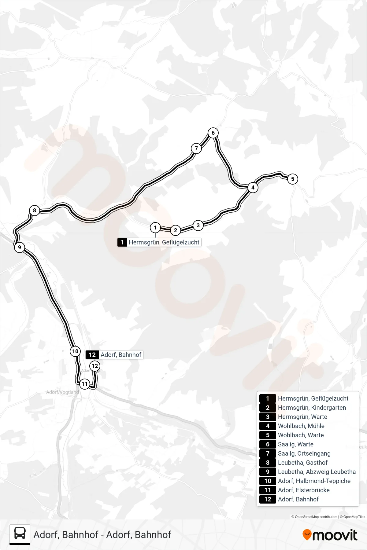 37 bus Line (Adorf|Bahnhof) route and stops on a map
