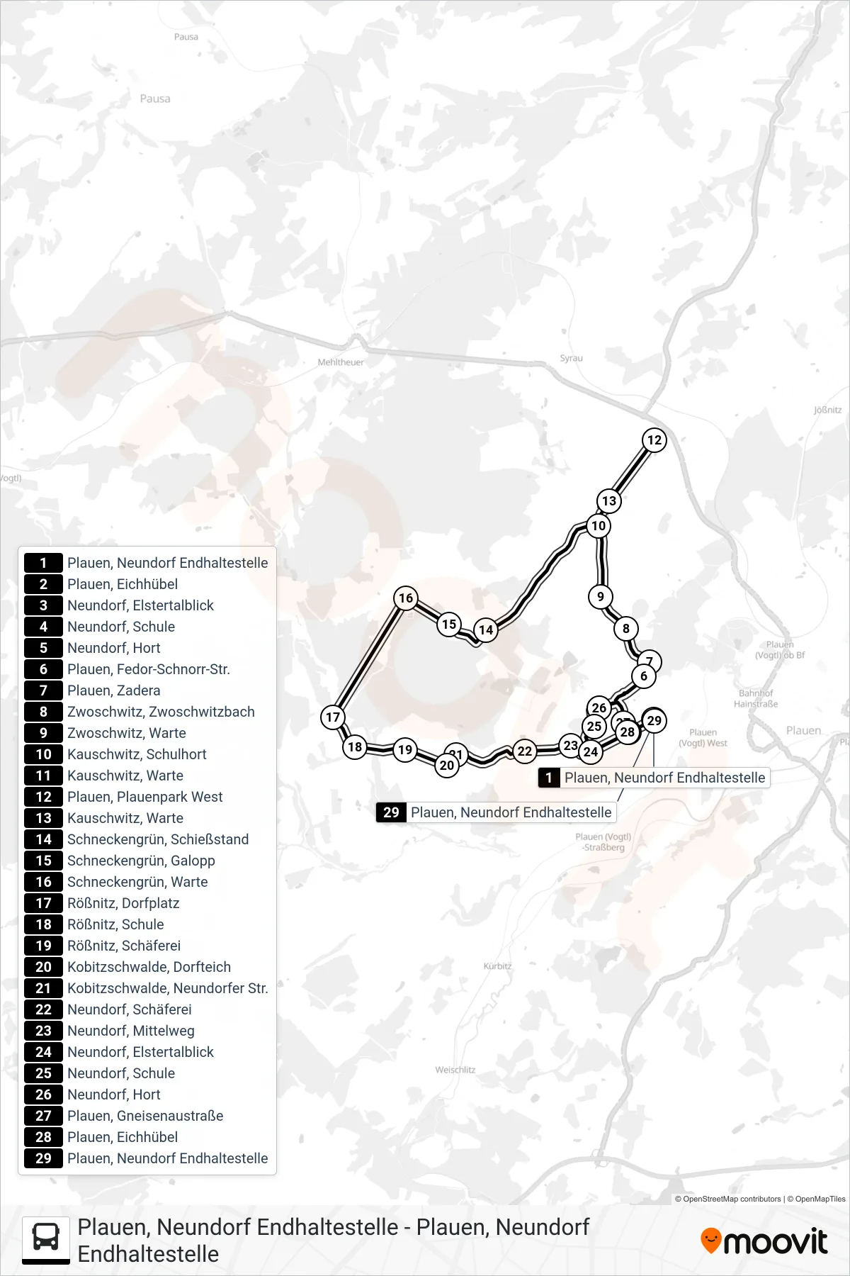Linie 45 (Bus) Richtung Rößnitz - |Plauen: Route und Haltestellen auf der Karte