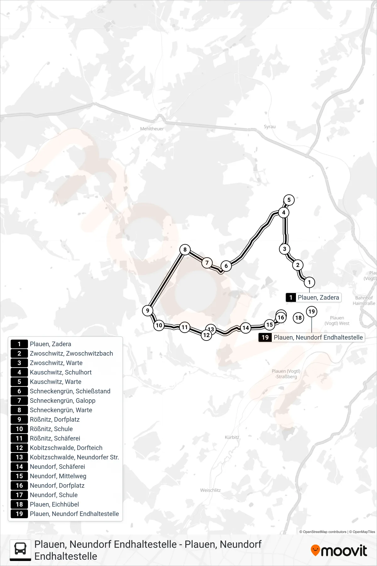 45 bus Line (Neundorf|451 Weischlitz) route and stops on a map
