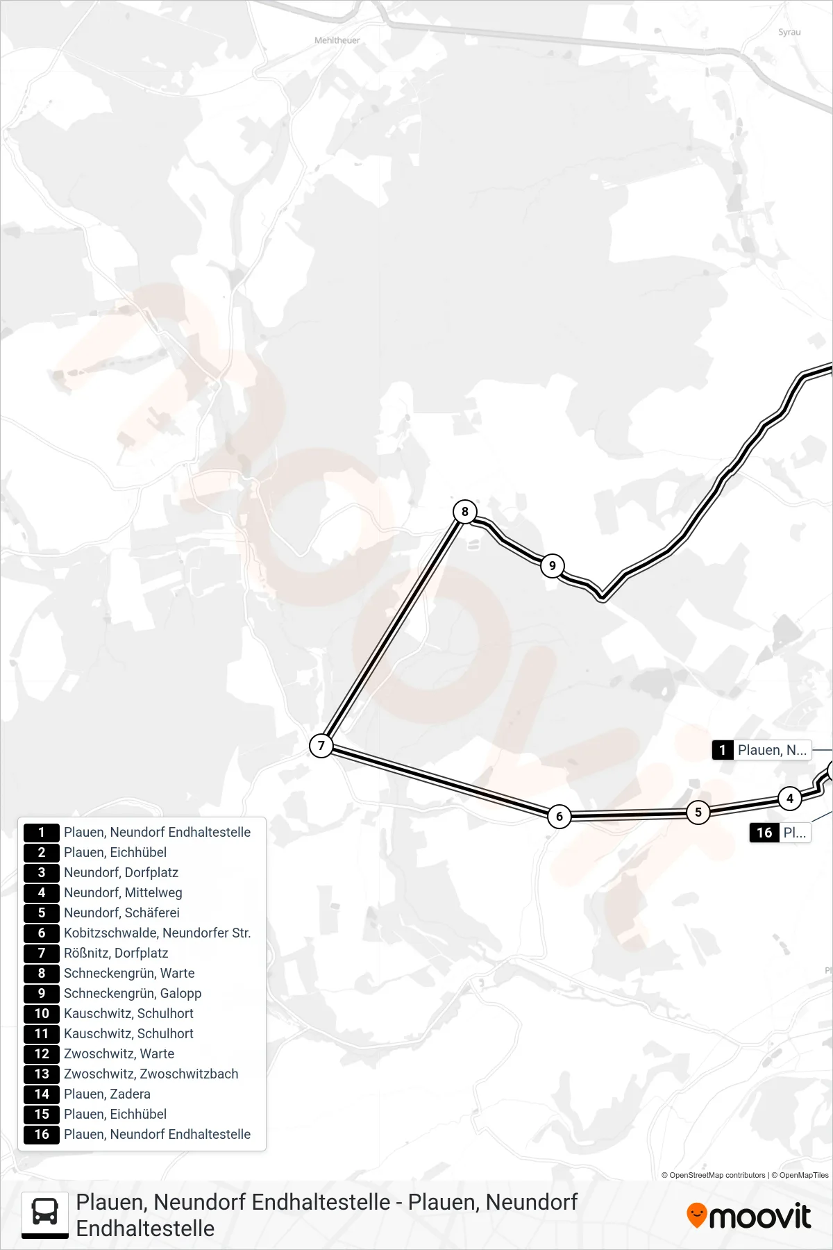 45 bus Line (Plauen|Neundorf|Endhaltestelle) route and stops on a map