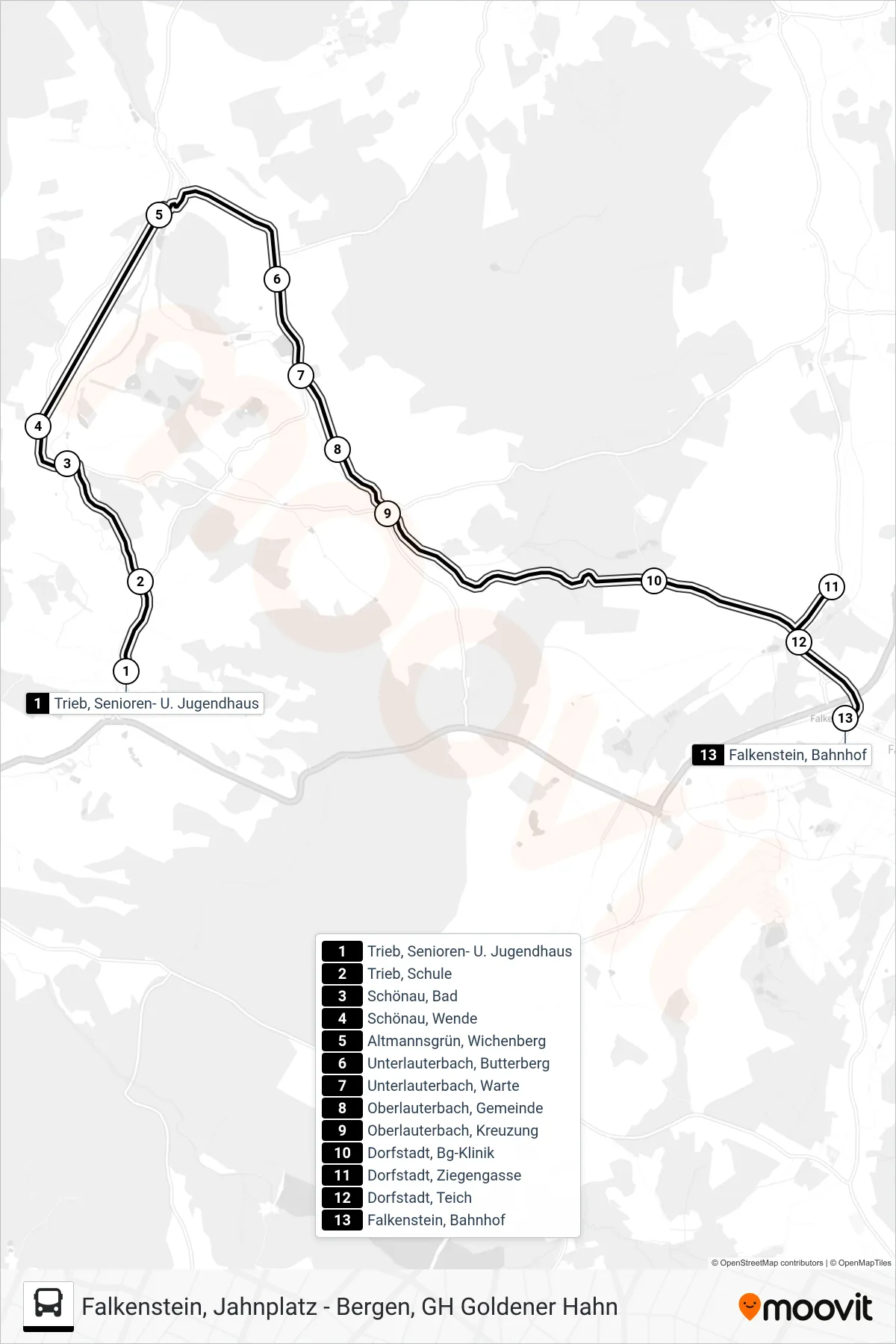 71 bus Line (Falkenstein|101 Auerbach) route and stops on a map