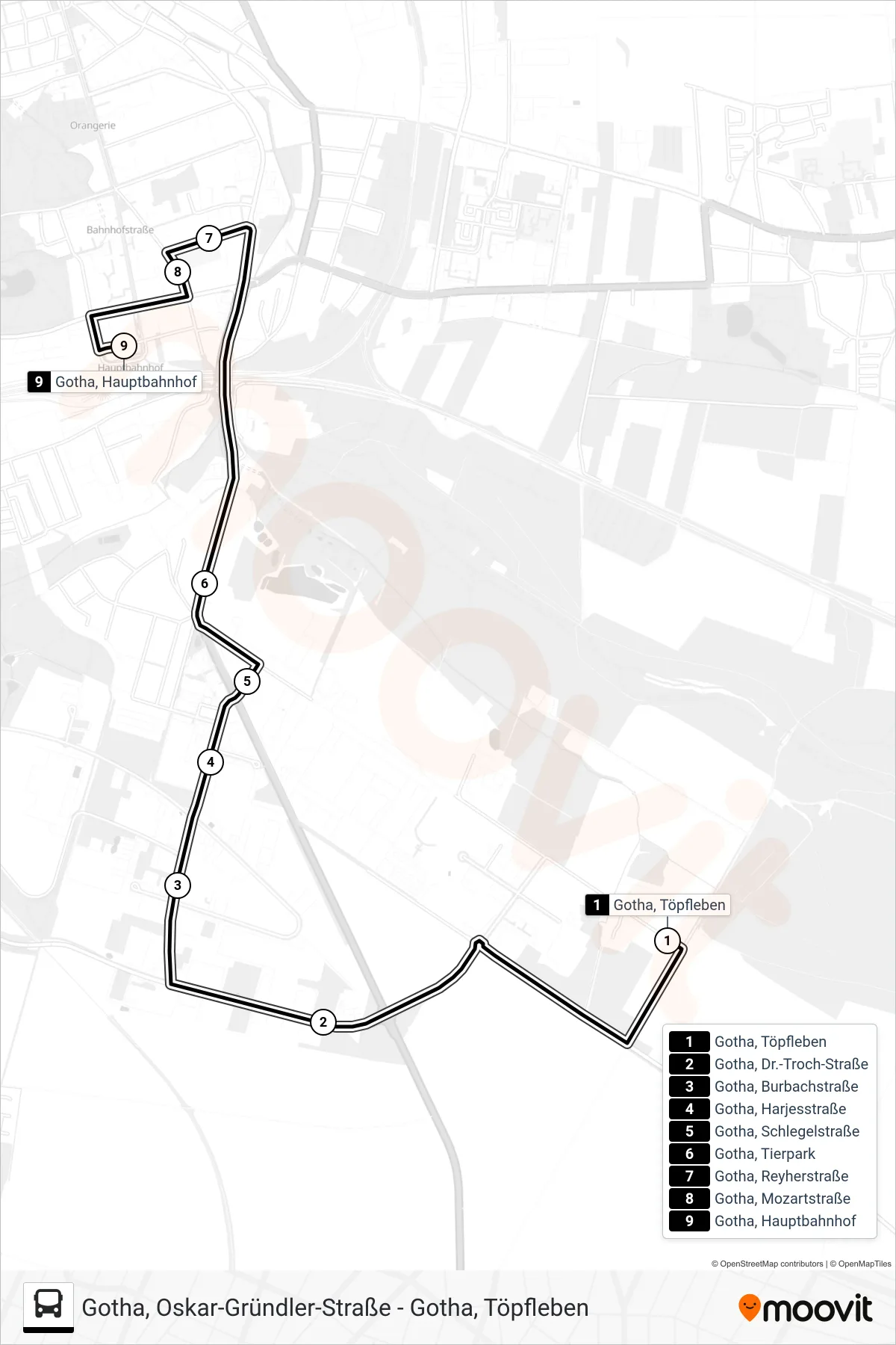D bus Line (Gotha, Hauptbahnhof) route and stops on a map