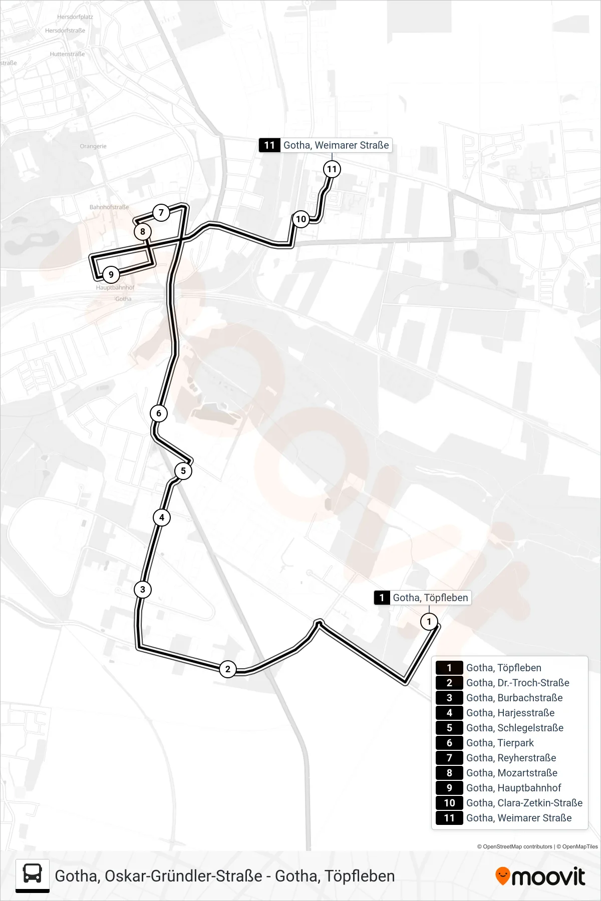 D bus Line (Gotha, Weimarer Straße) route and stops on a map