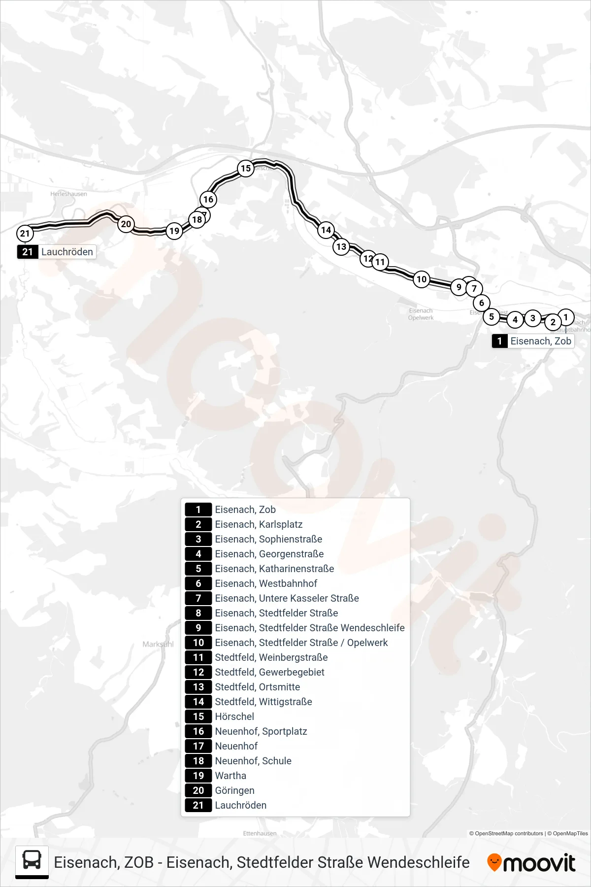 2 bus Line (Lauchröden) route and stops on a map