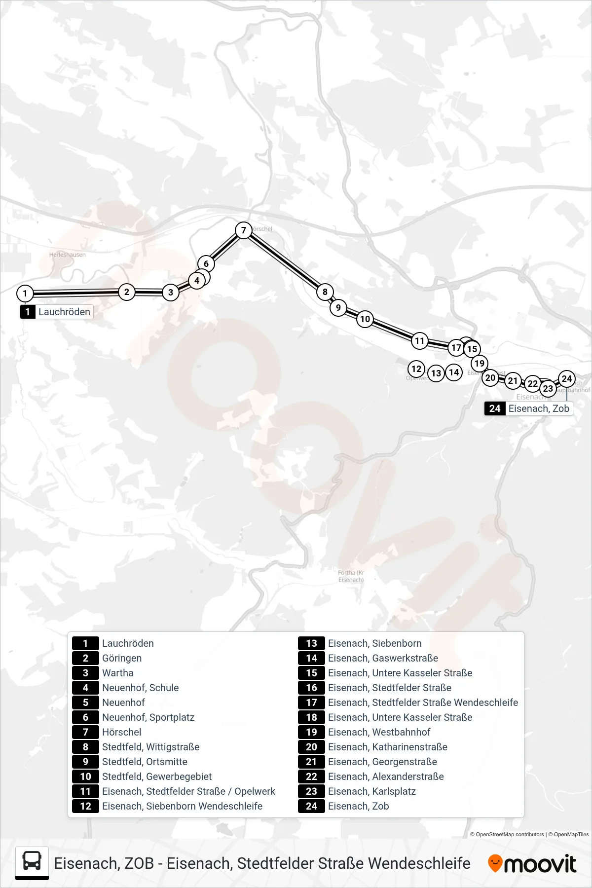 Linie 2 (Bus) Richtung Eisenach, Zob: Route und Haltestellen auf der Karte