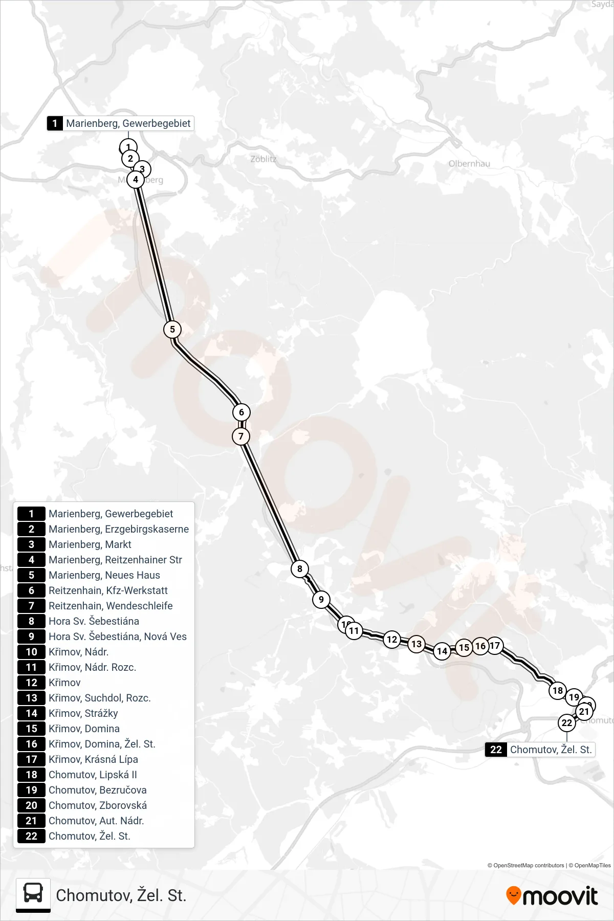 588 bus Line (Chomutov, Žel. St.) route and stops on a map