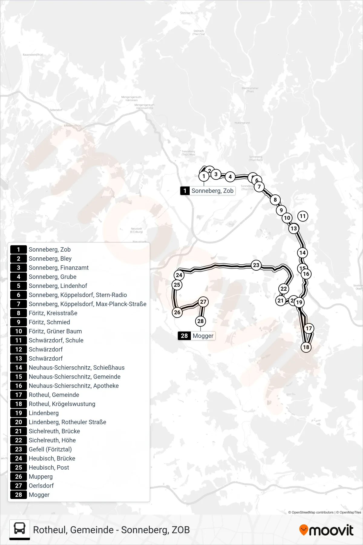 710 bus Line (Mogger) route and stops on a map