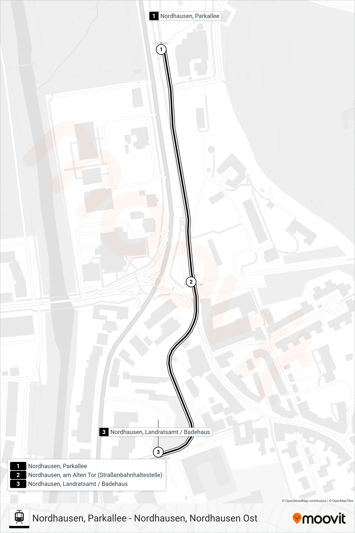 2 light rail Line (Landratsamt/Badehaus) route and stops on a map