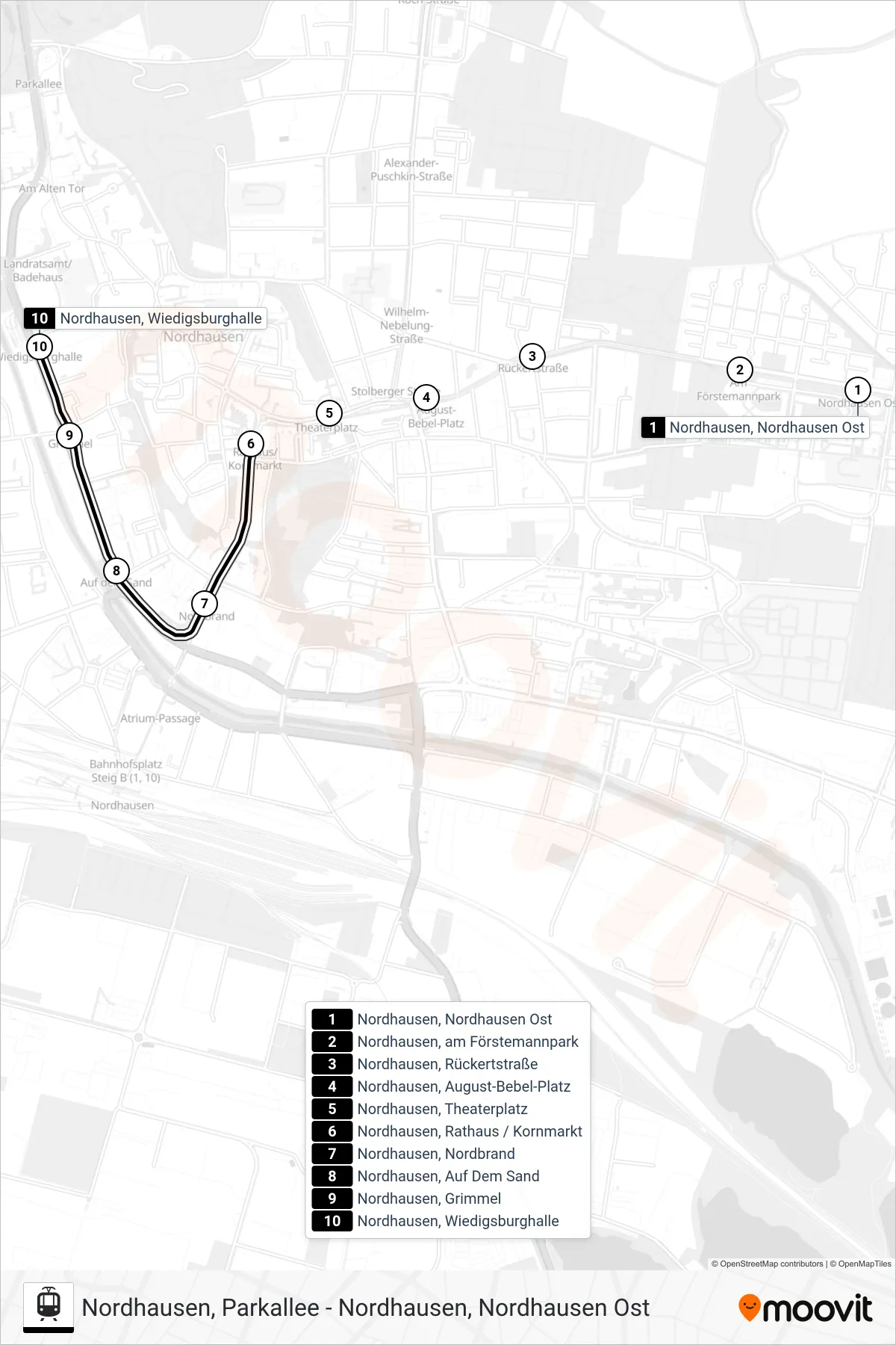 2 light rail Line (Wiedigsburghalle) route and stops on a map