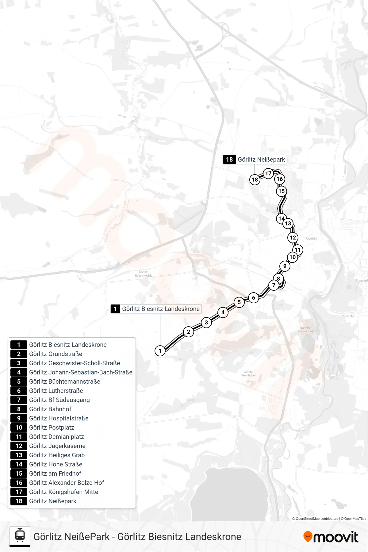 2 light rail Line (Görlitz Neißepark) route and stops on a map