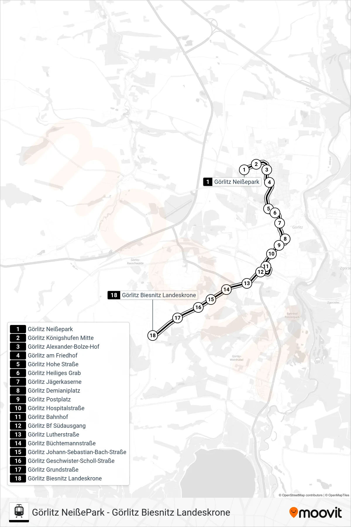 Linie 2 (Tram) Richtung Görlitz Biesnitz Landeskrone: Route und Haltestellen auf der Karte