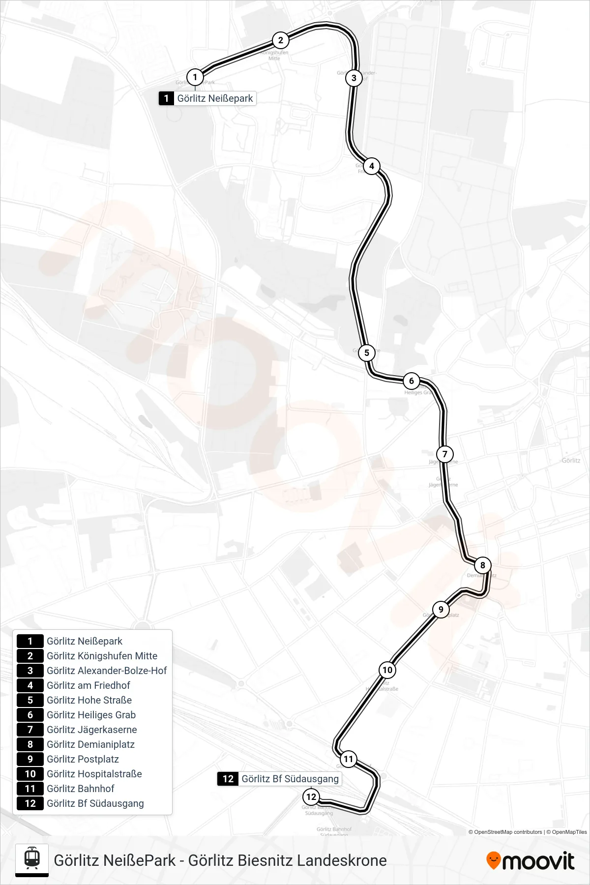 2 light rail Line (Görlitz Bf Südausgang) route and stops on a map