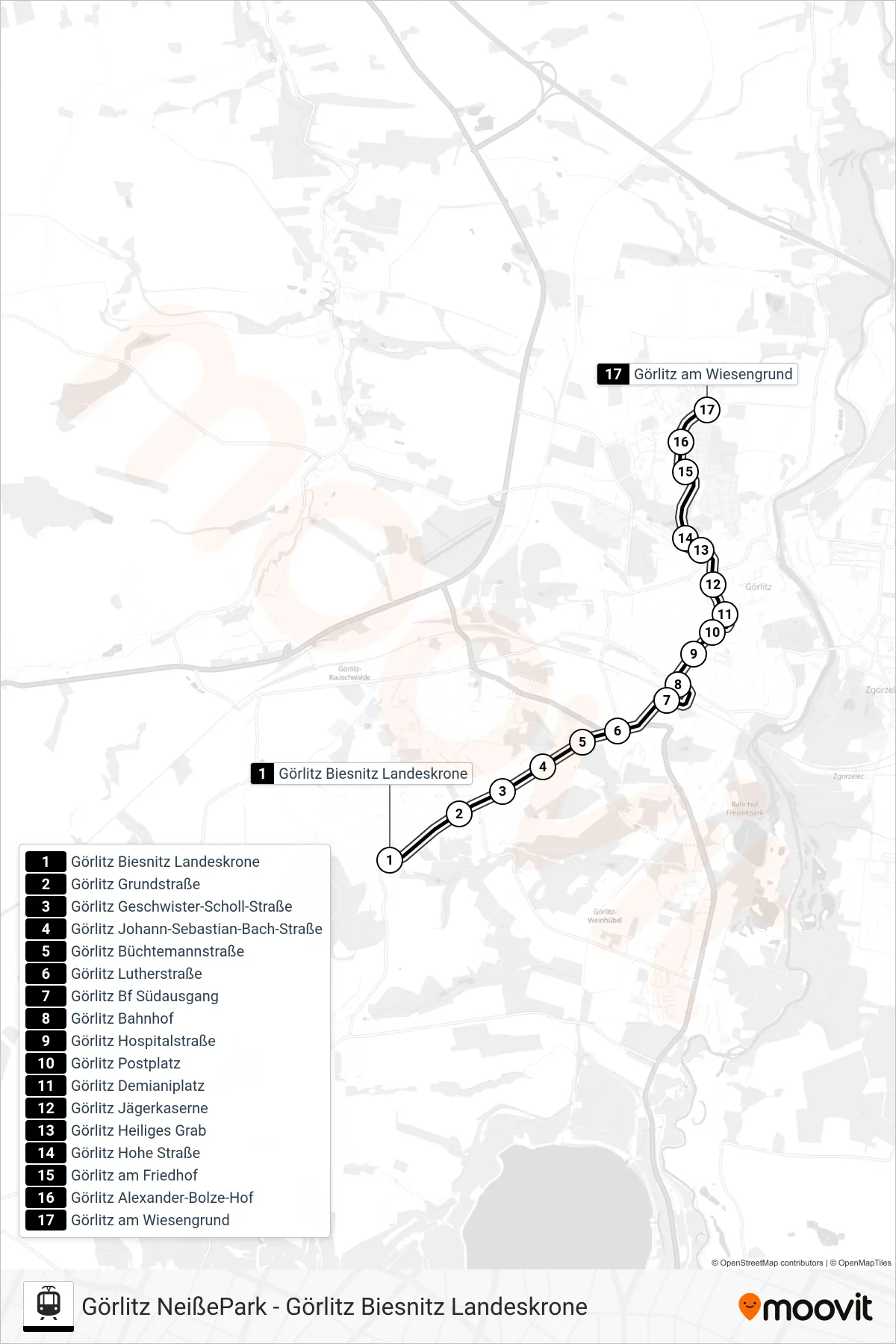 2 light rail Line (Görlitz am Wiesengrund) route and stops on a map