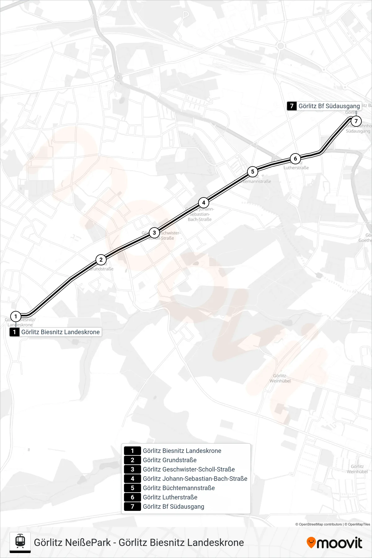 2 tram Line (Görlitz Bf Südausgang) route and stops on a map