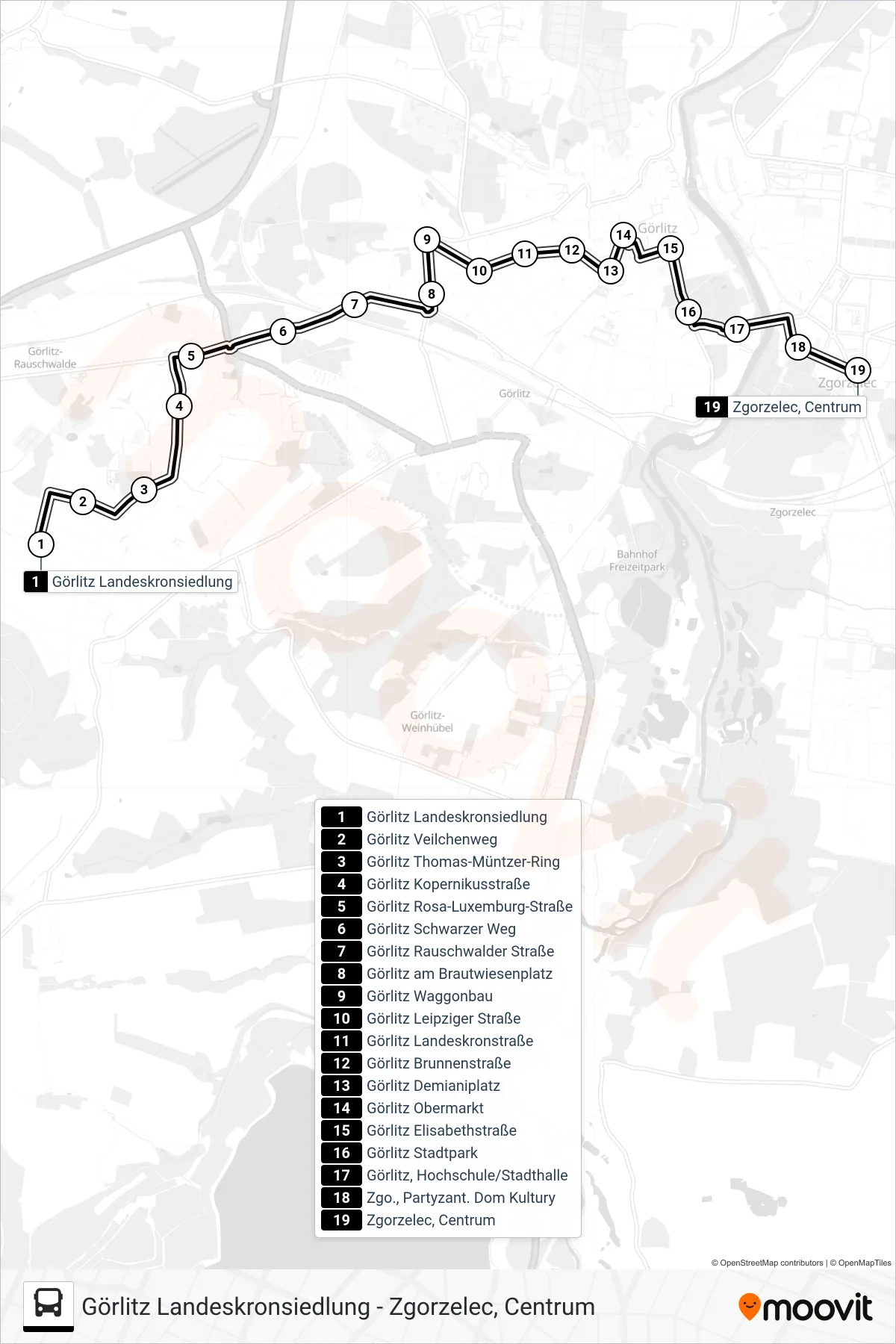 A bus Line (Zgorzelec, Centrum) route and stops on a map