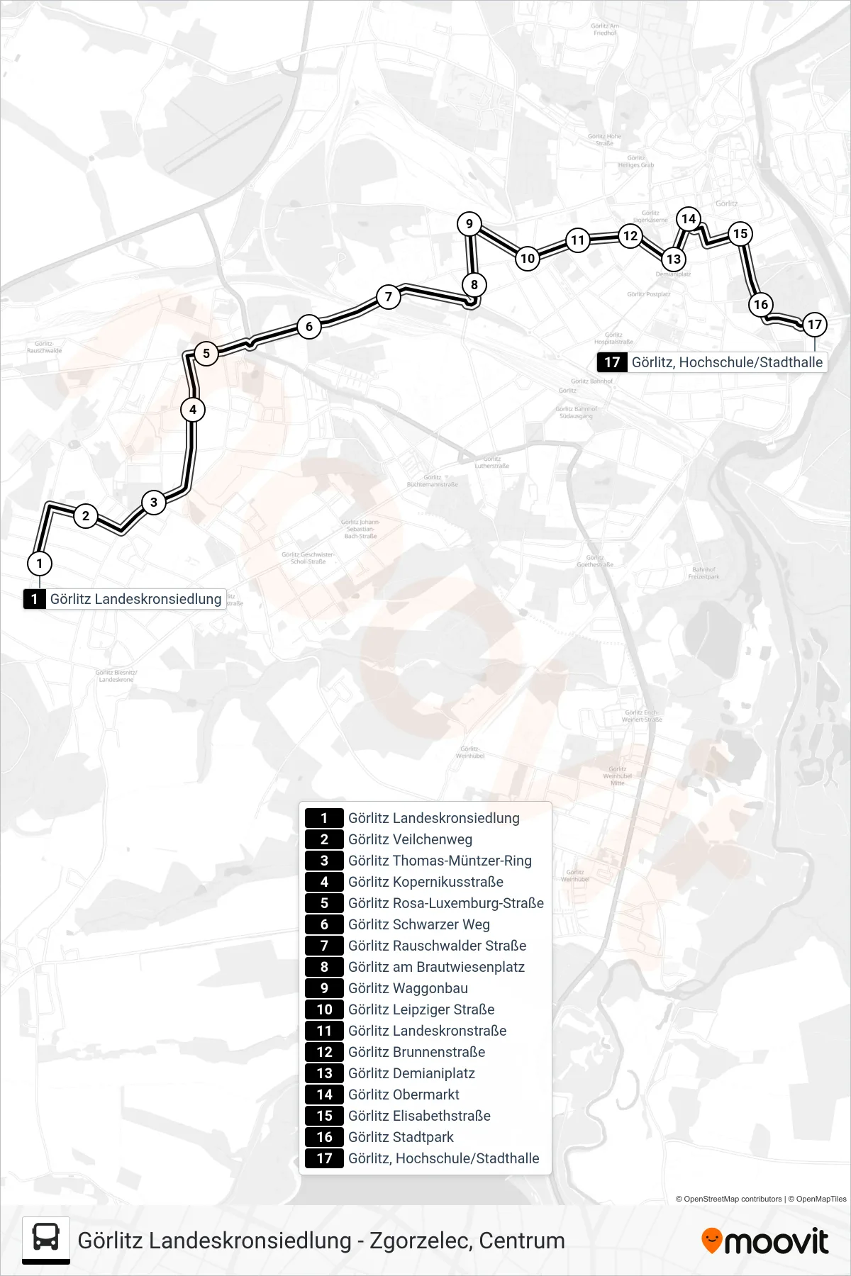 Linie A (Bus) Richtung Görlitz, Hochschule/Stadthalle: Route und Haltestellen auf der Karte