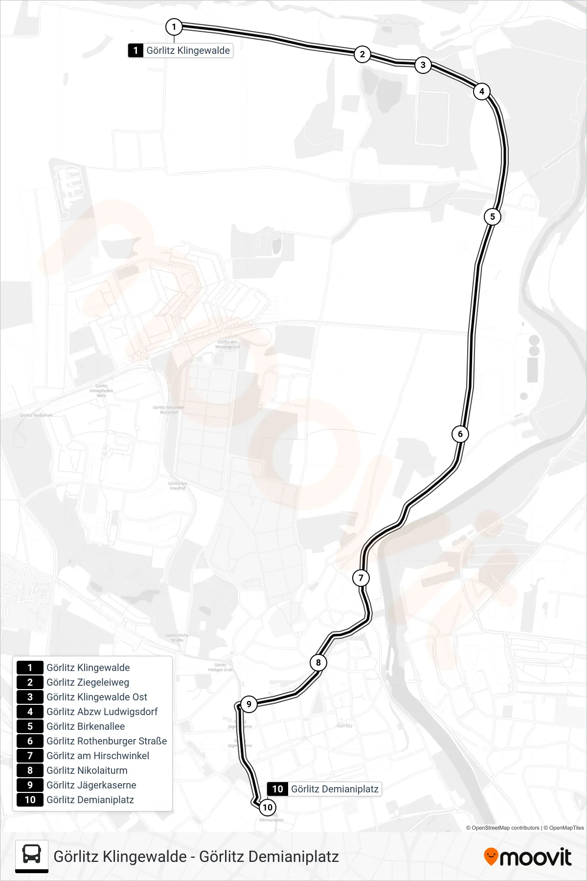 D bus Line (Görlitz Demianiplatz) route and stops on a map