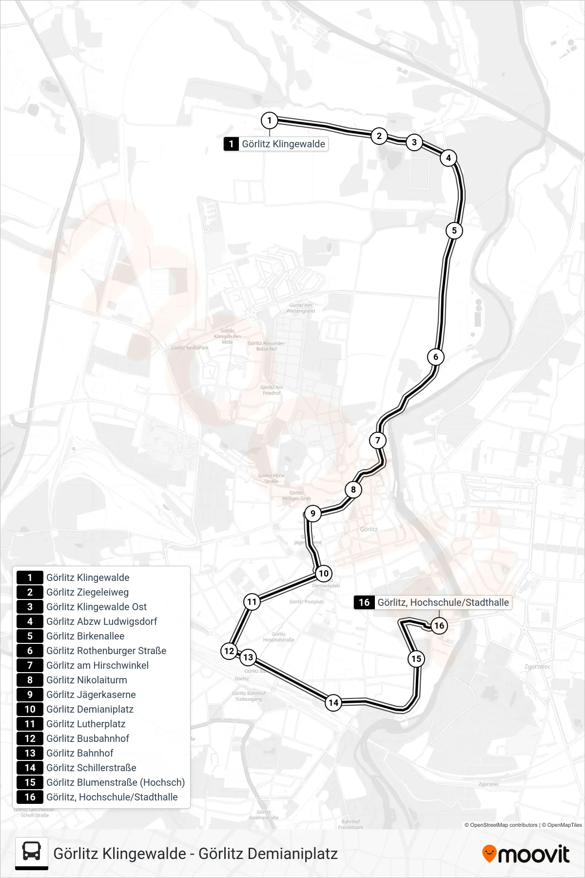 Linie D (Bus) Richtung Görlitz, Hochschule/Stadthalle: Route und Haltestellen auf der Karte