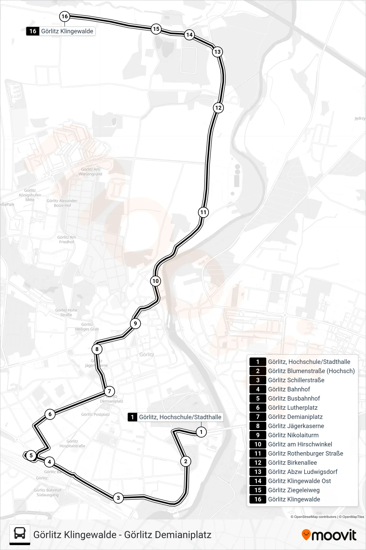 D bus Line (Görlitz Klingewalde) route and stops on a map