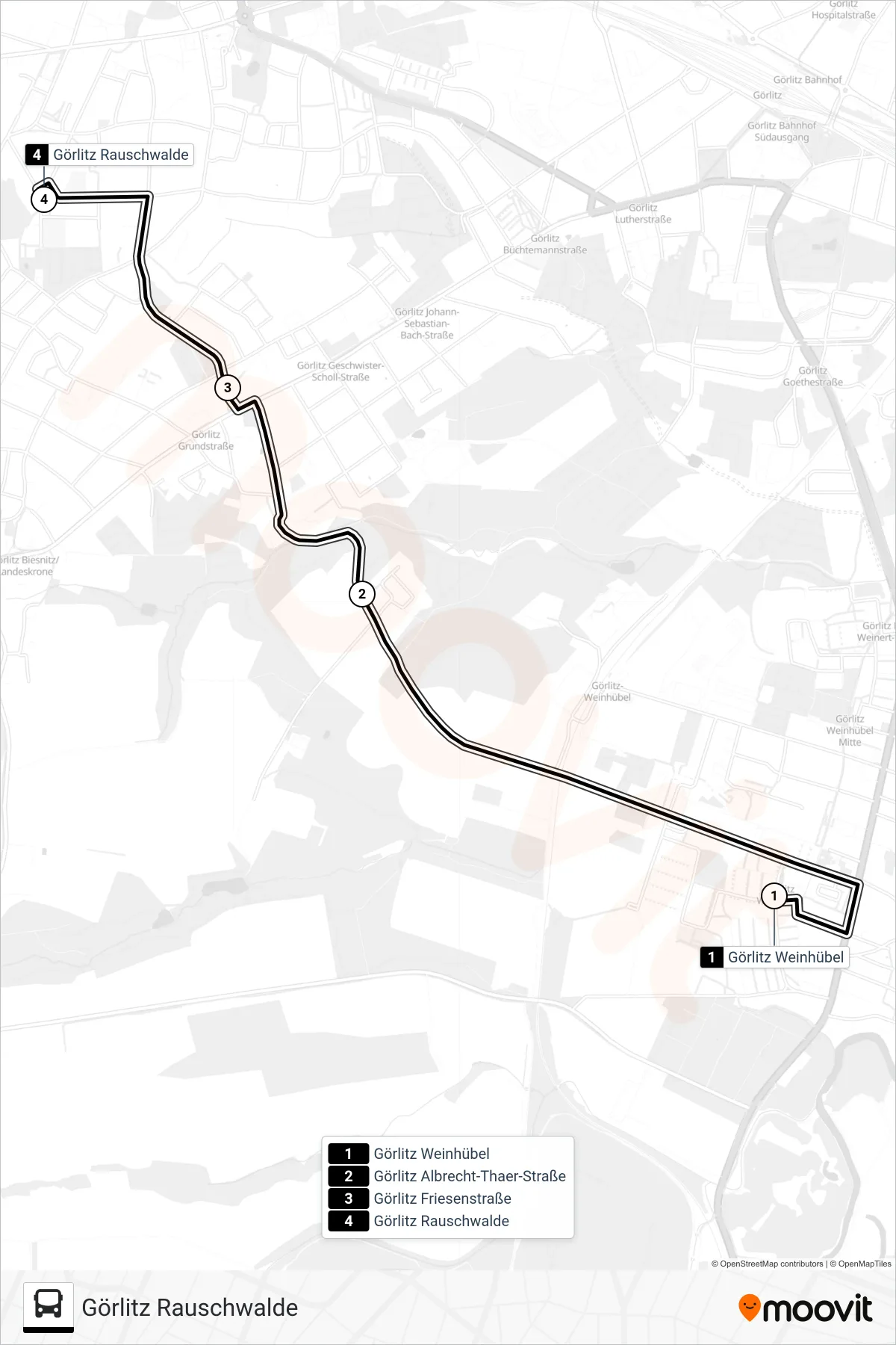 E bus Line (Görlitz Rauschwalde) route and stops on a map