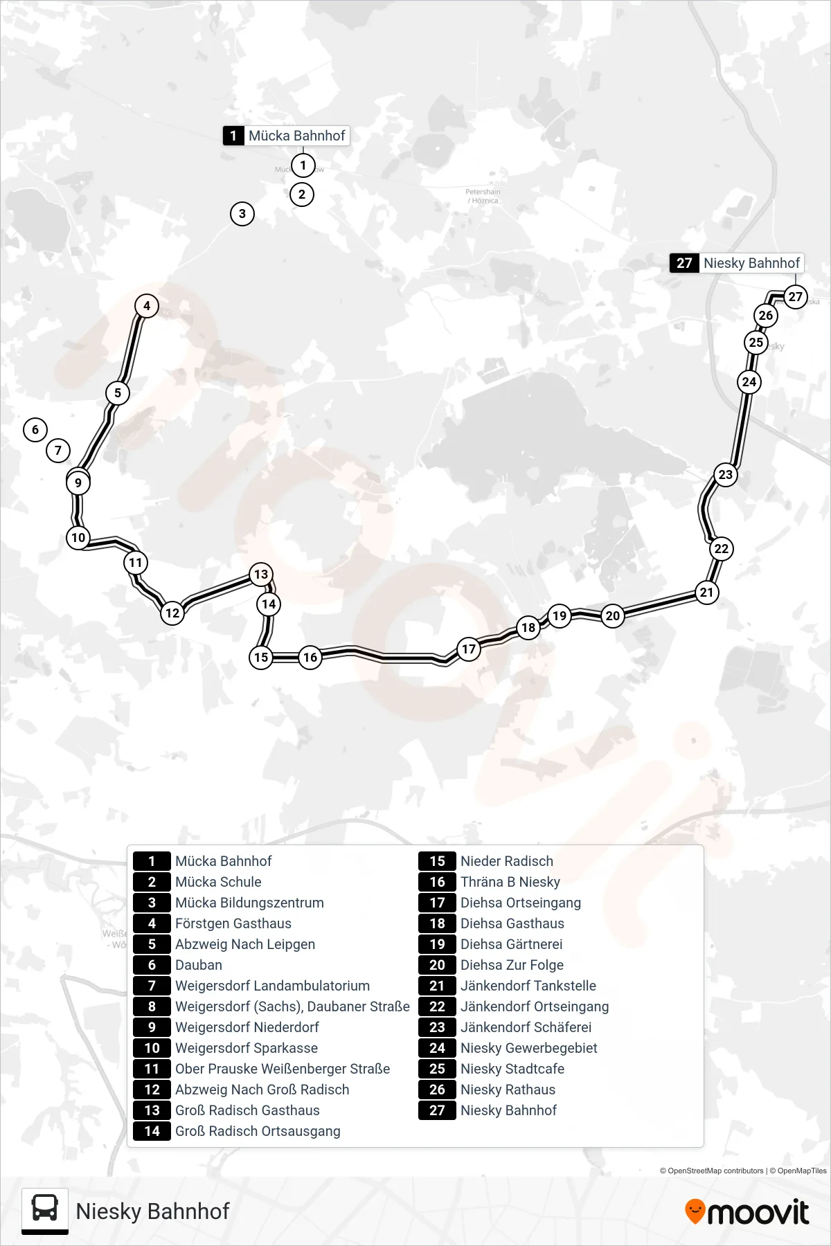 75 bus Line (Niesky Bahnhof) route and stops on a map