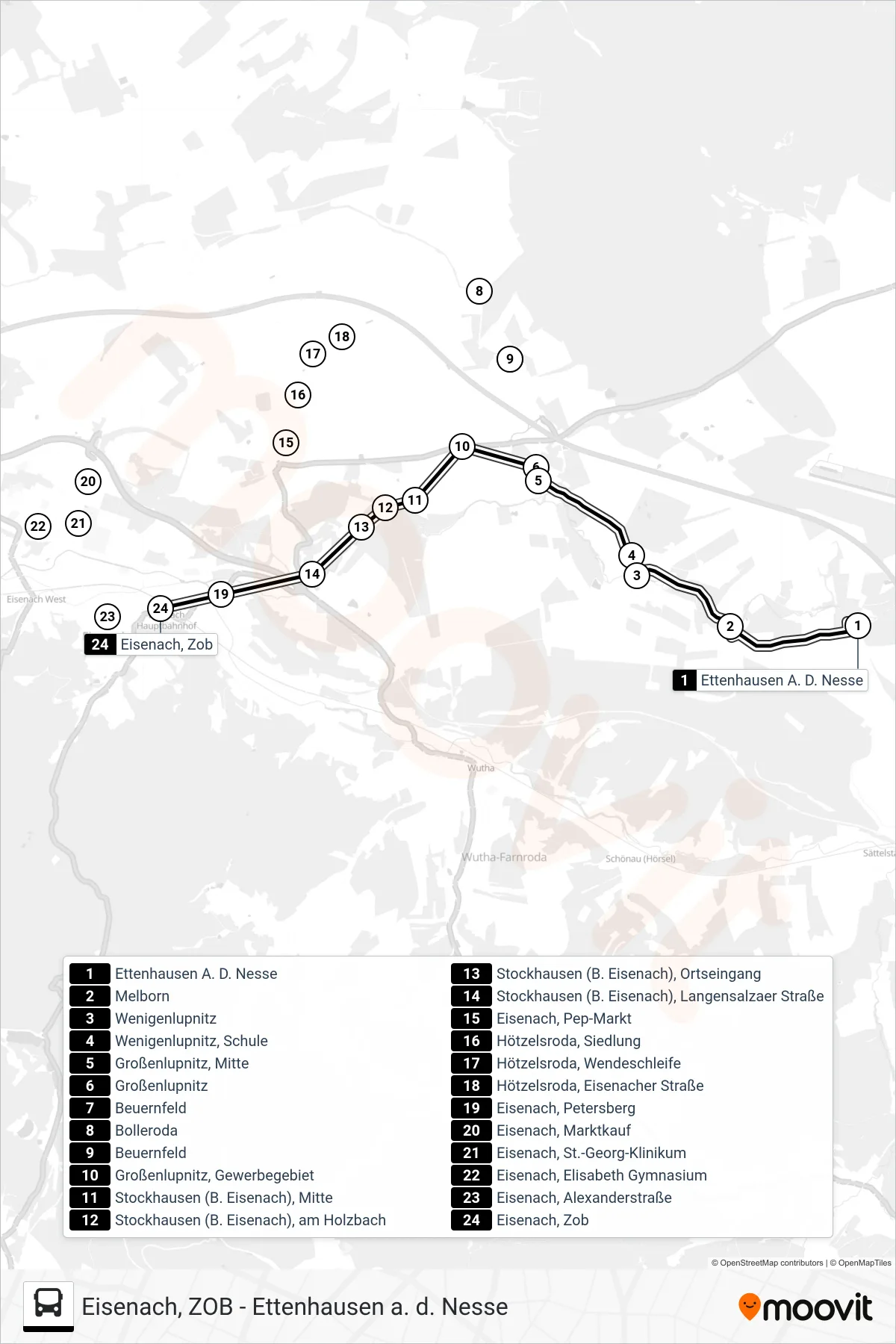 151 bus Line (Eisenach, Zob) route and stops on a map