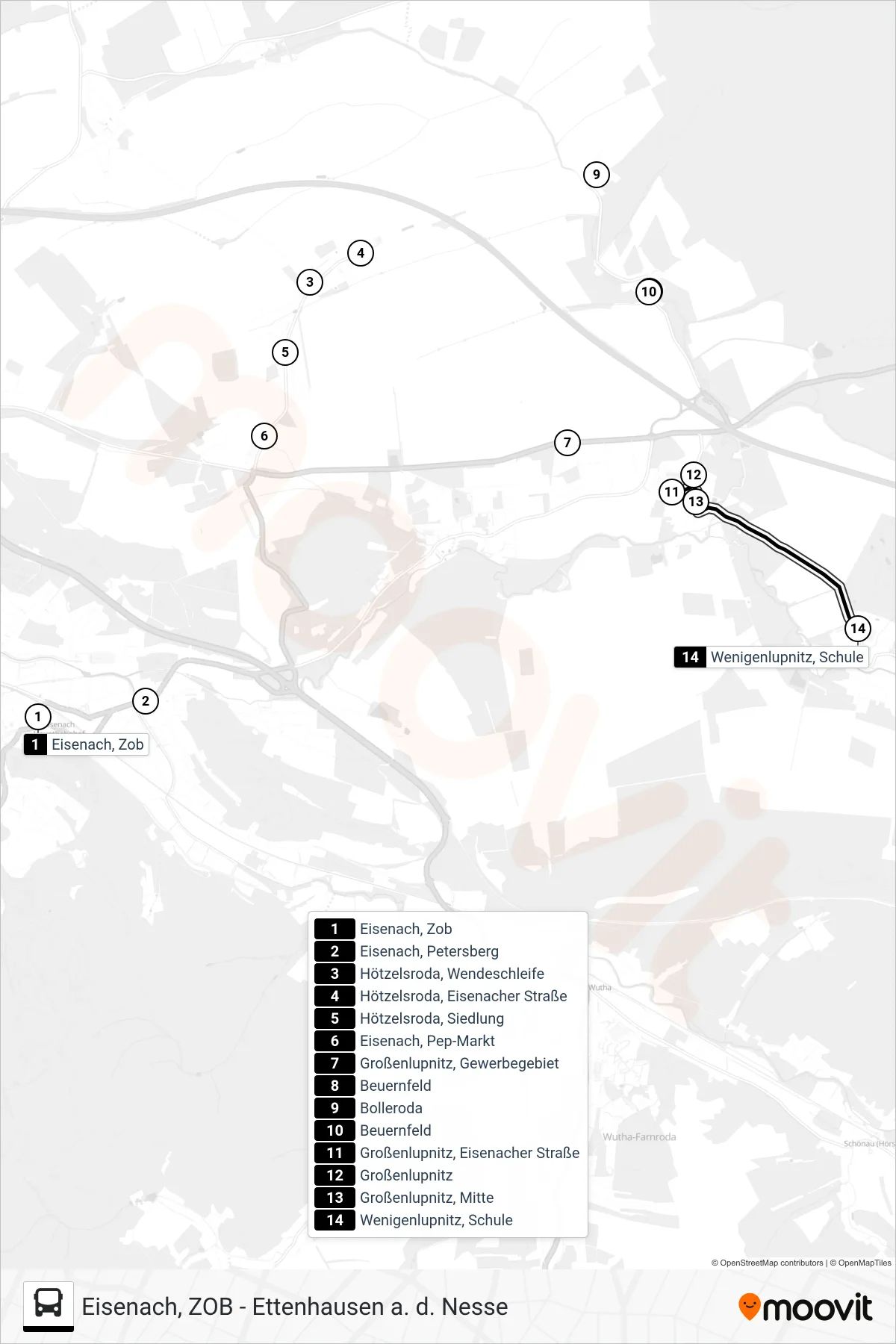 151 bus Line (Wenigenlupnitz, Schule) route and stops on a map