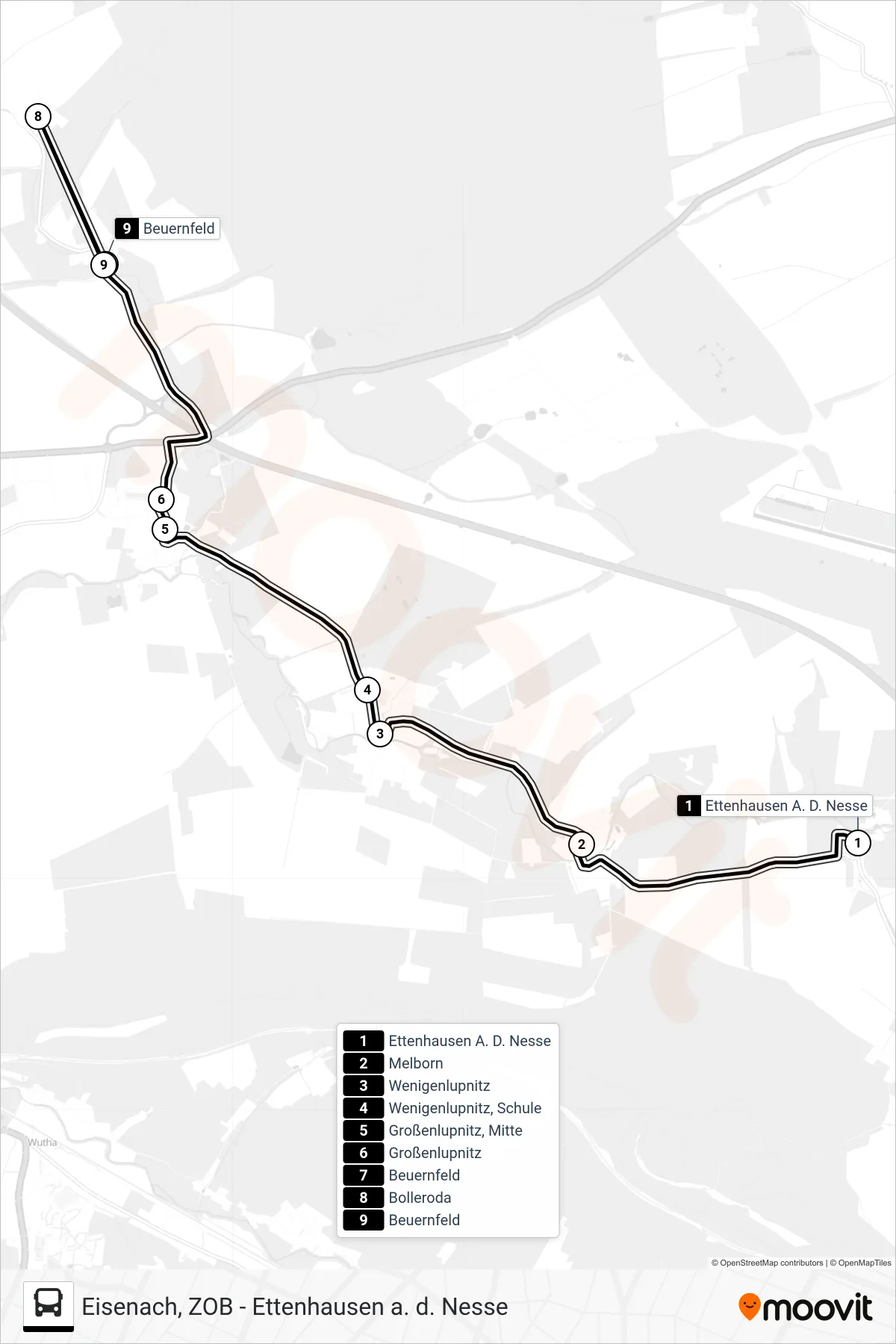 151 bus Line (Beuernfeld) route and stops on a map