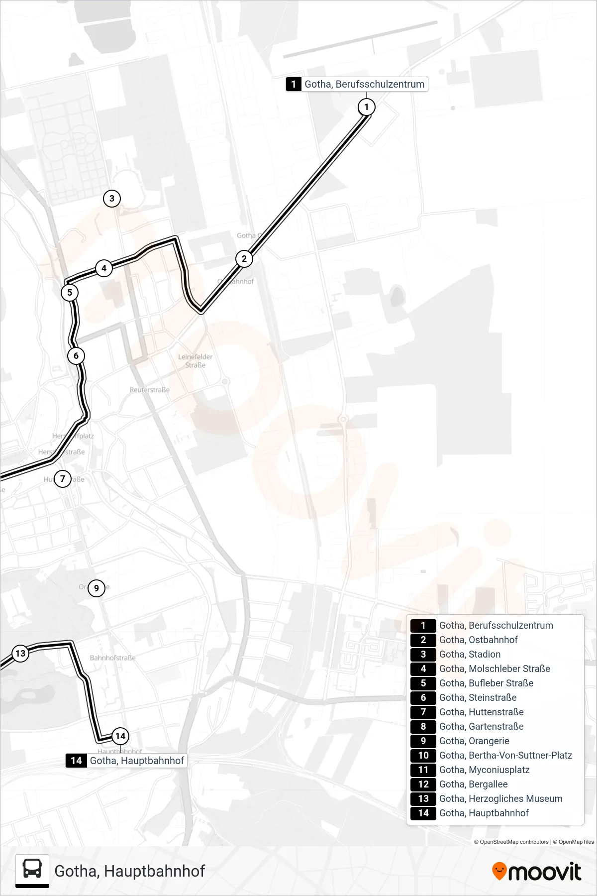 E bus Line (Gotha, Hauptbahnhof) route and stops on a map