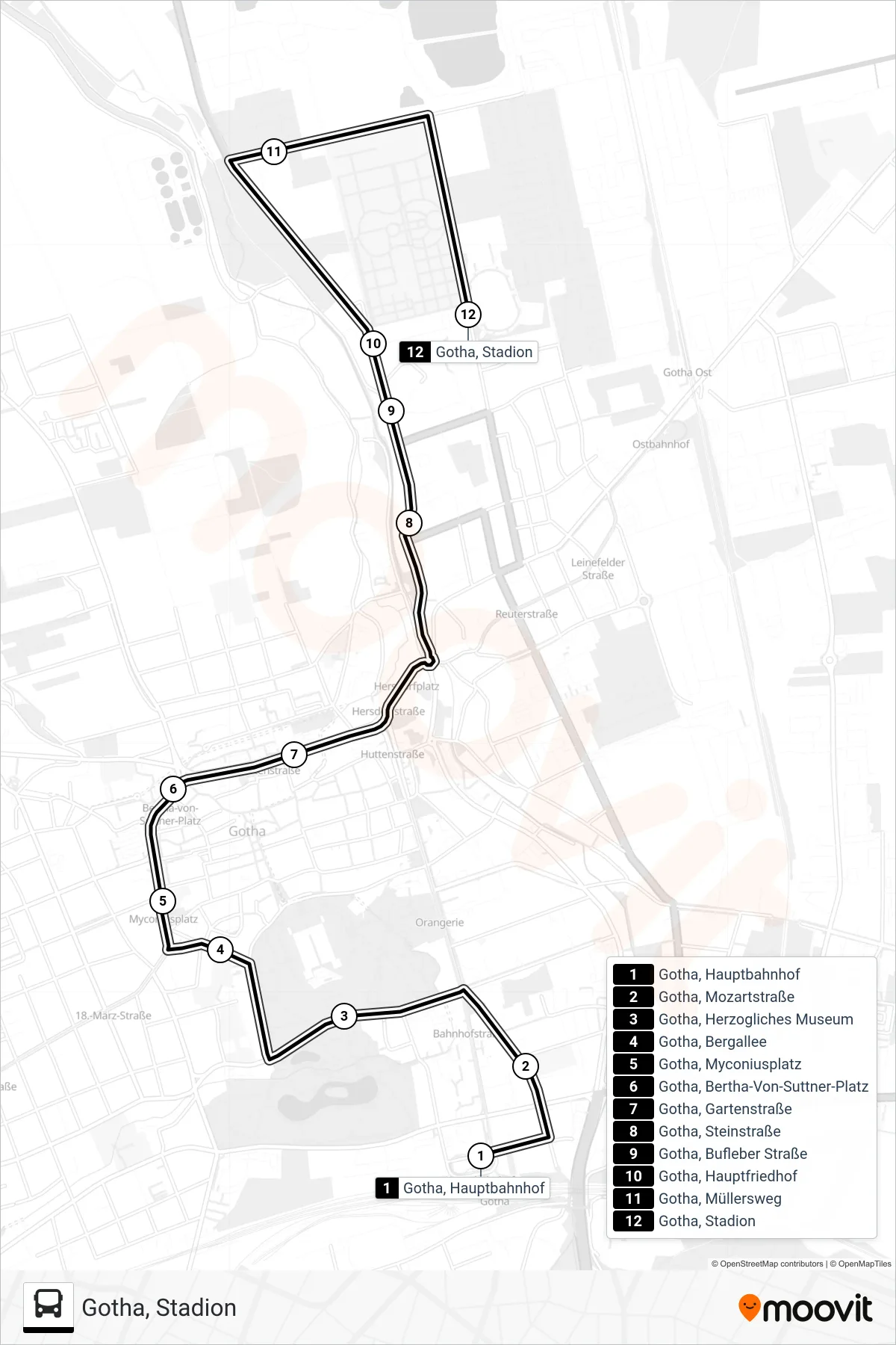 Linie E (Bus) Richtung Gotha, Stadion: Route und Haltestellen auf der Karte