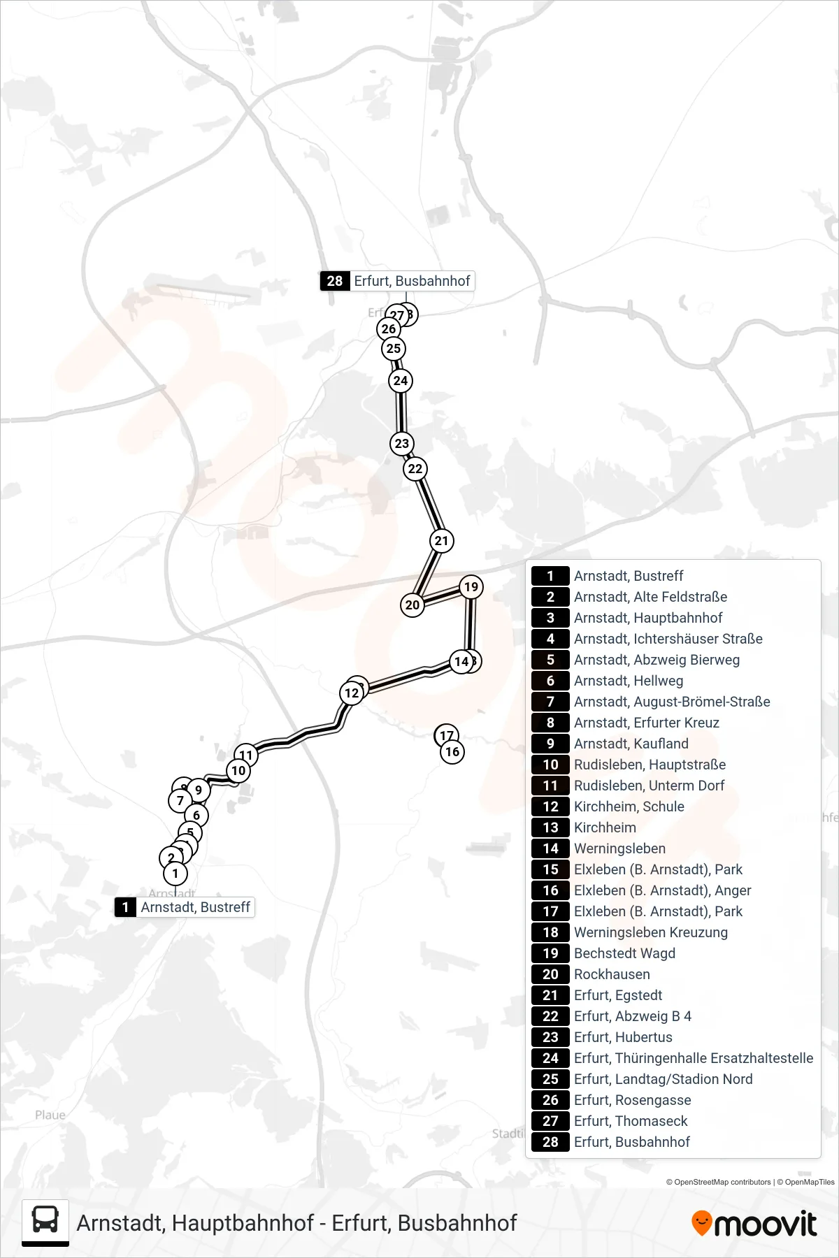 357 bus Line (Erfurt) route and stops on a map