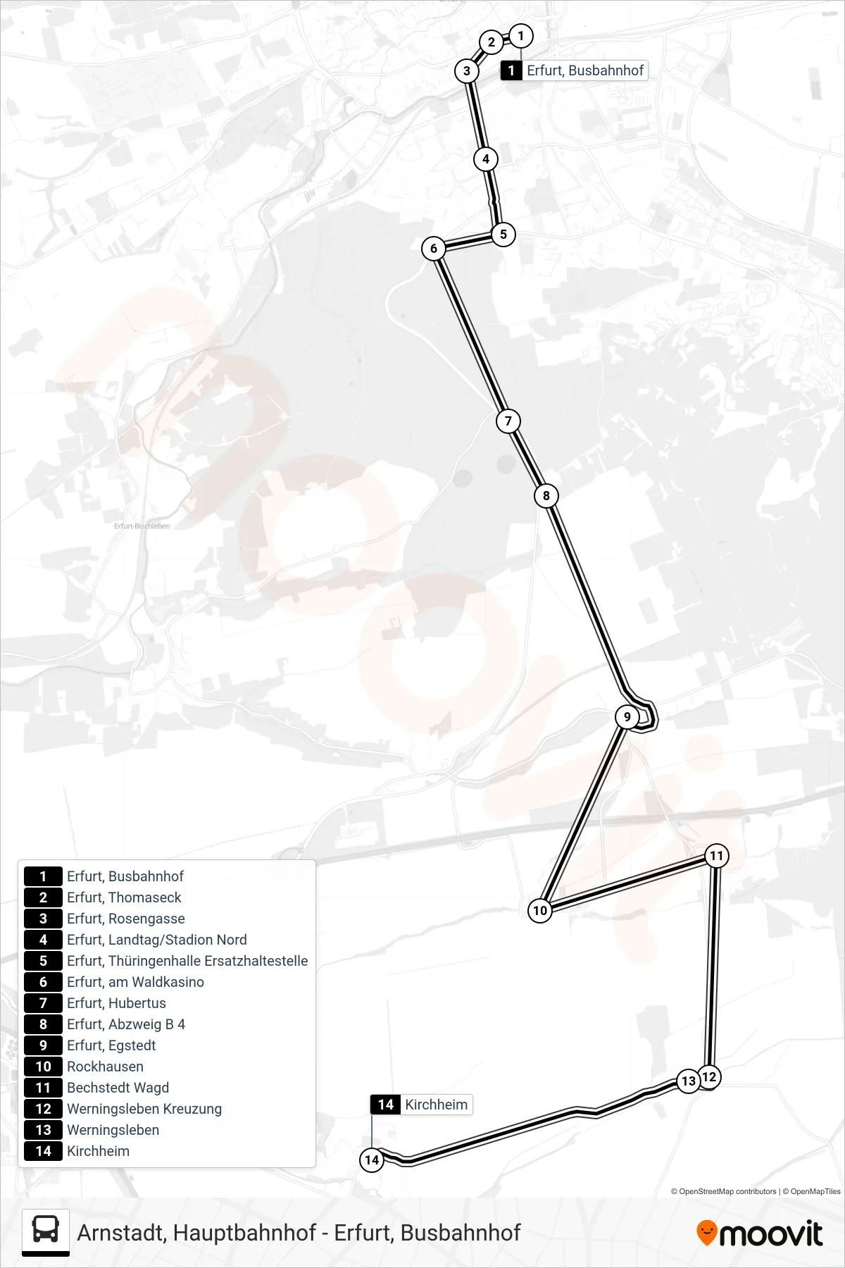 357 bus Line (Kirchheim) route and stops on a map