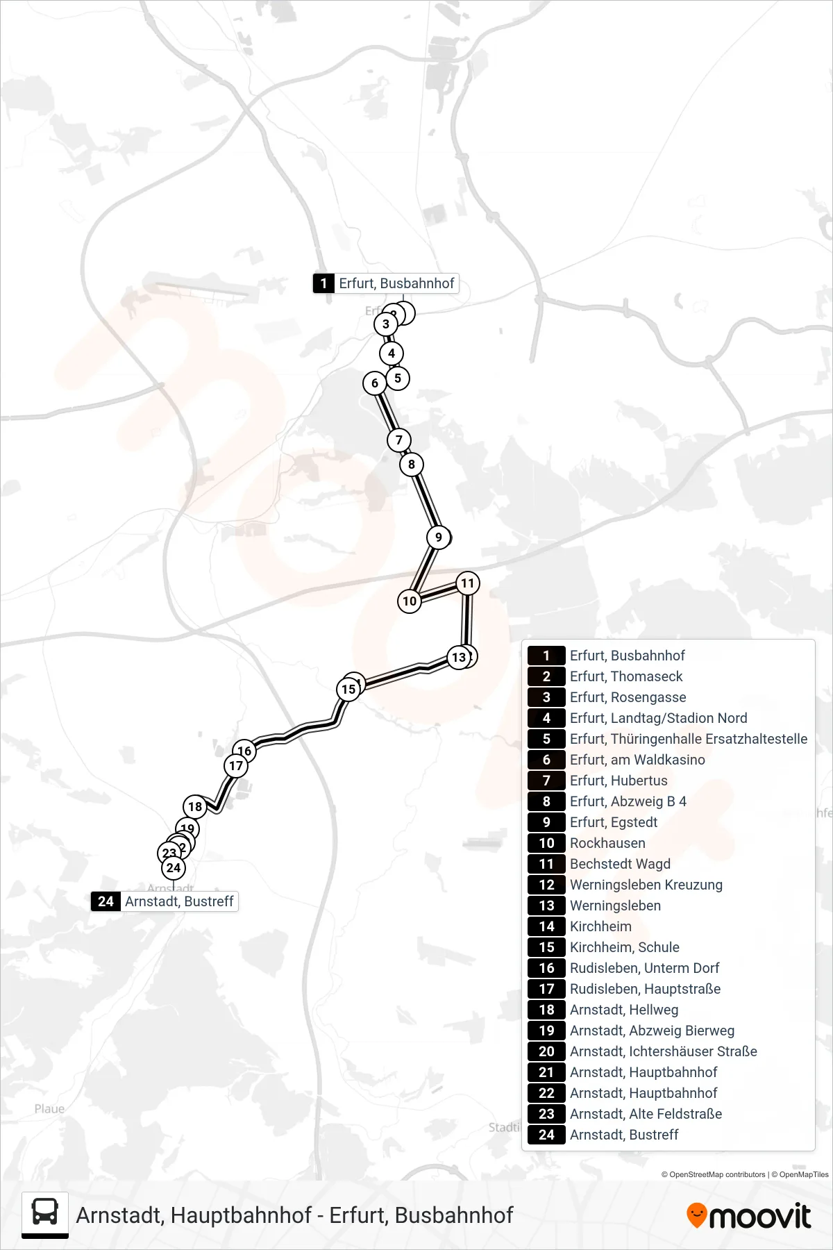 357 bus Line (Arnstadt) route and stops on a map