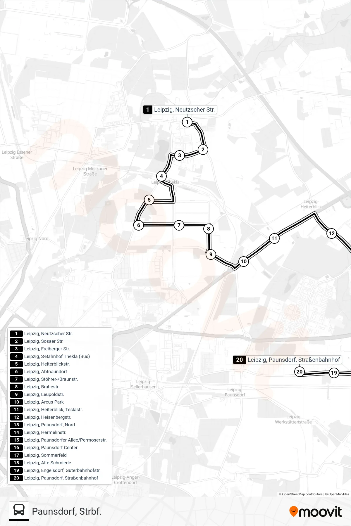 E bus Line (Paunsdorf, Strbf.) route and stops on a map