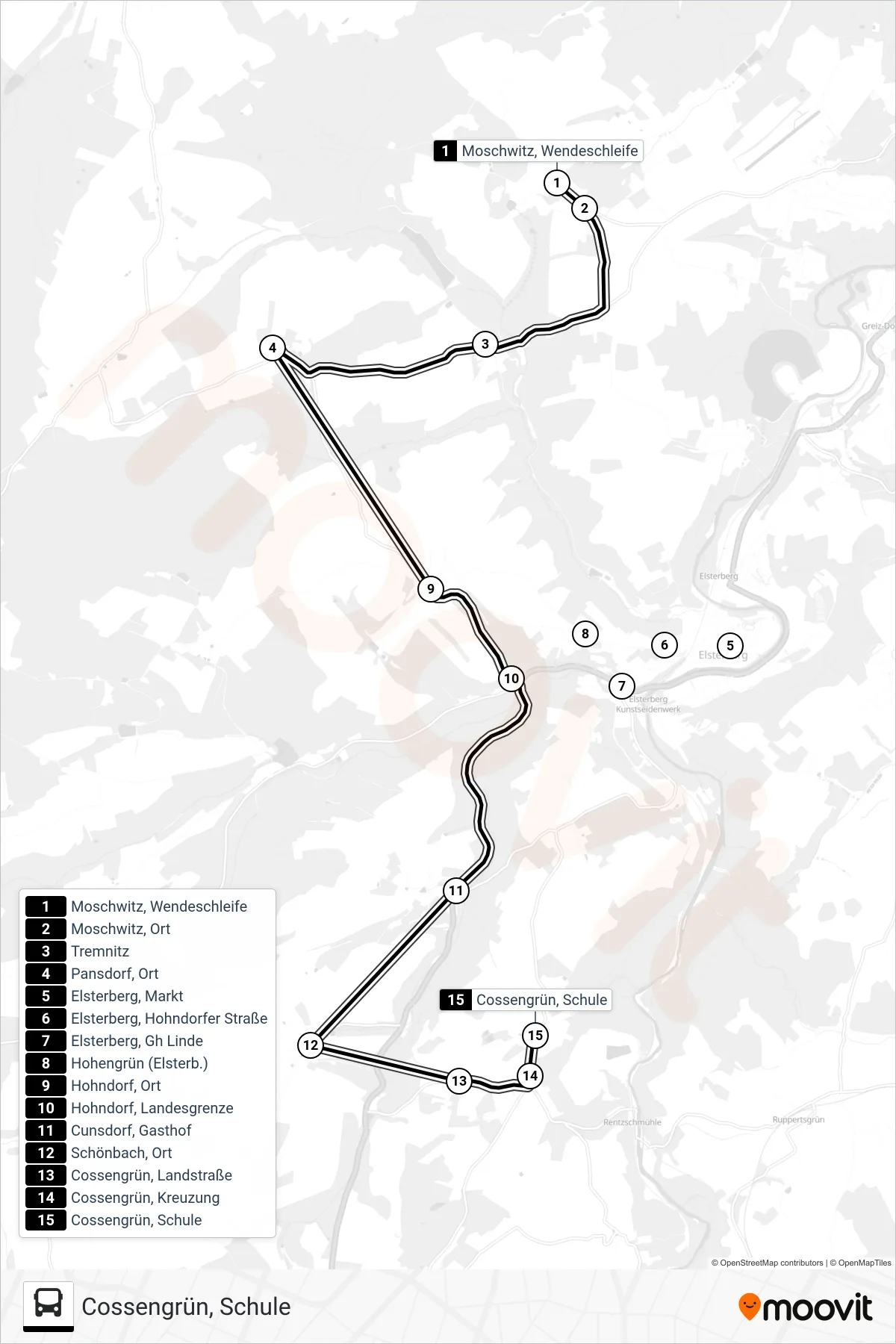 2 bus Line (Cossengrün, Schule) route and stops on a map