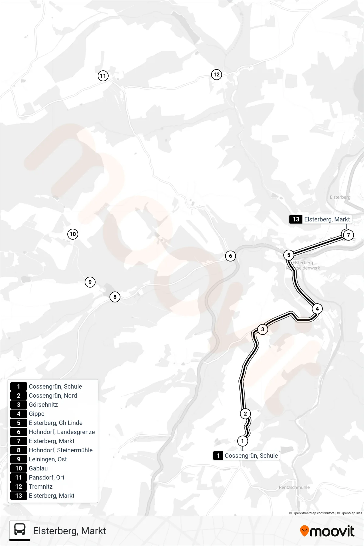 2 bus Line (Elsterberg, Markt) route and stops on a map