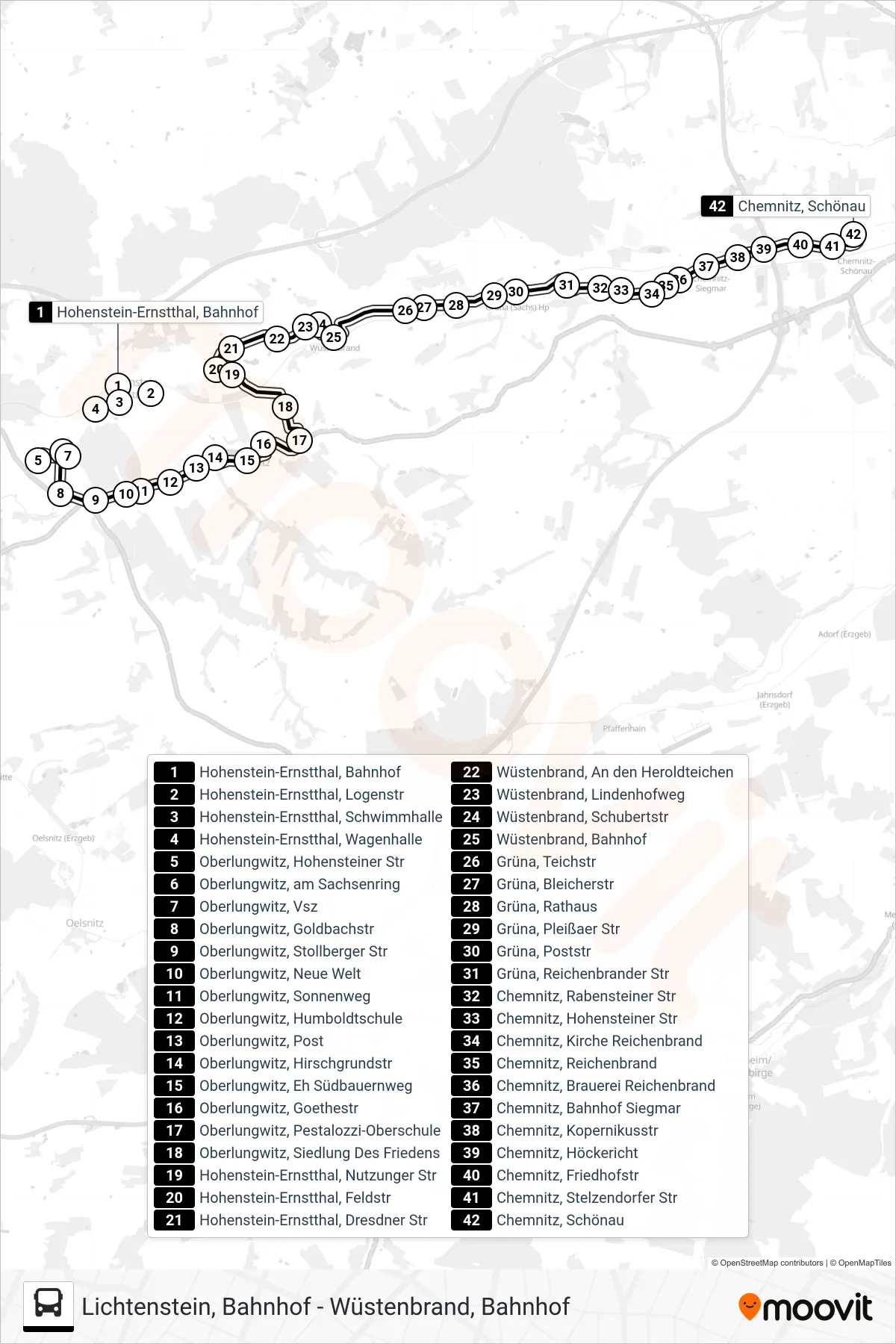 252 bus Line (Chemnitz, Schönau) route and stops on a map