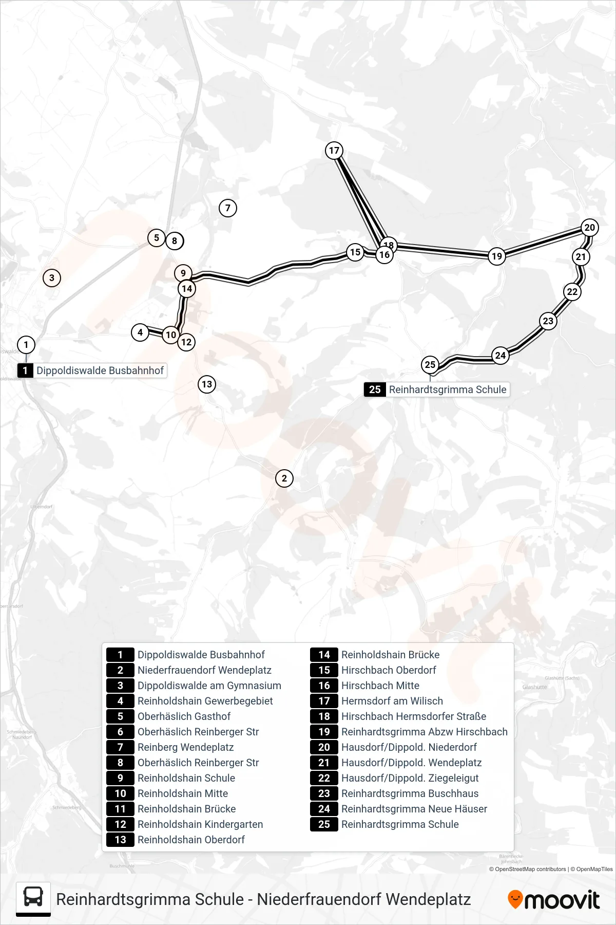 389 bus Line (Reinhardtsgrimma Schule) route and stops on a map