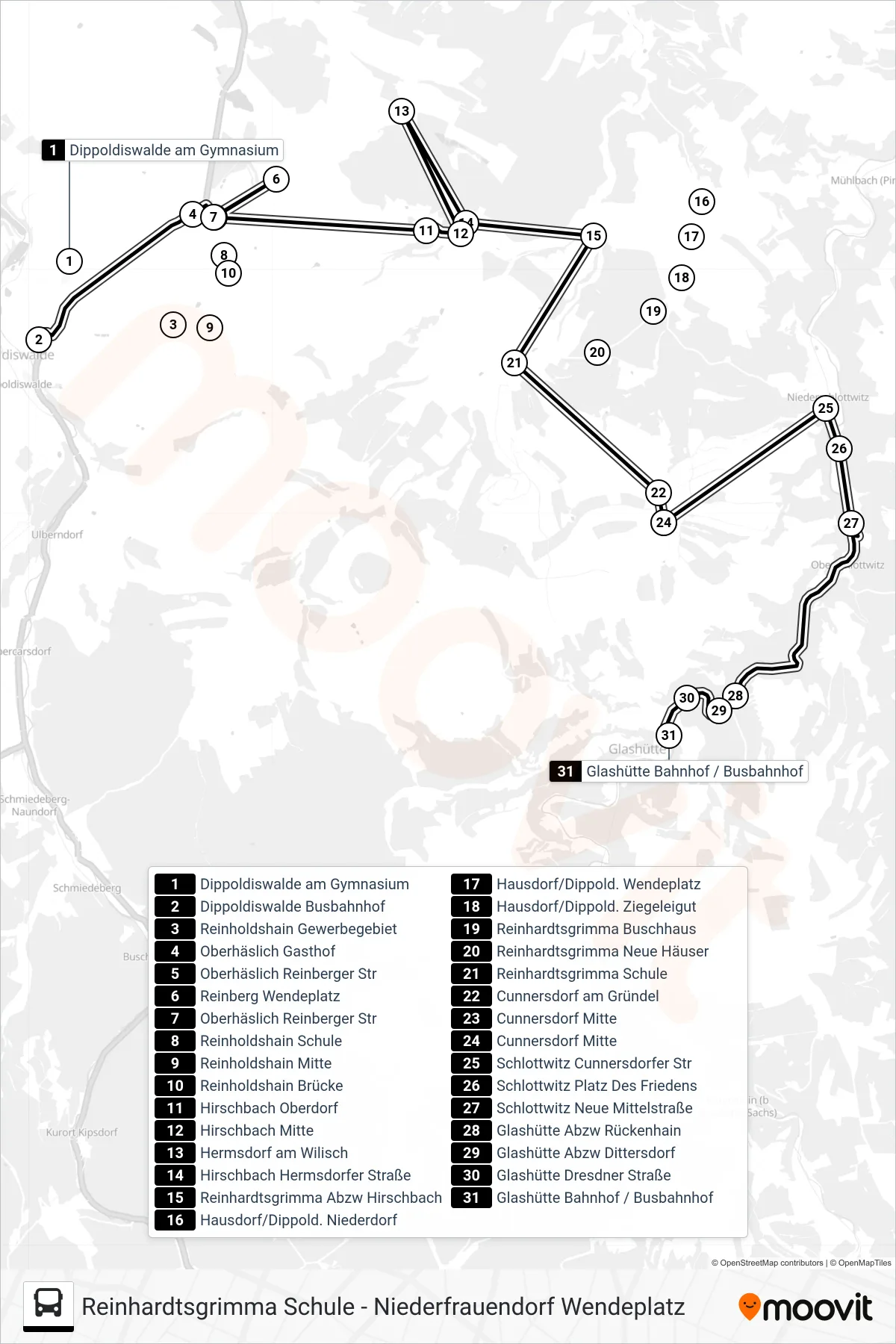 389 bus Line (Glashütte Bahnhof / Busbahnhof) route and stops on a map