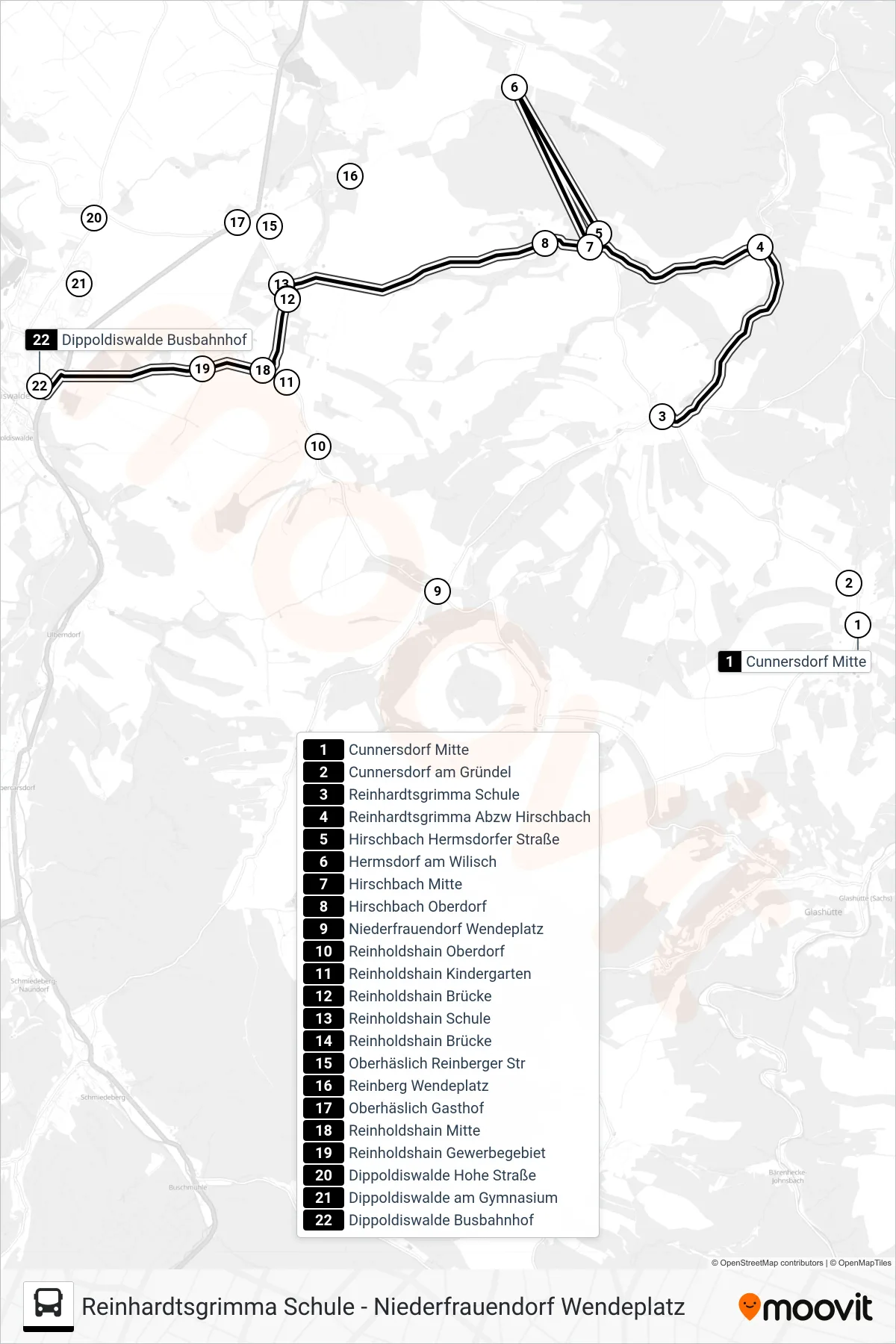 389 bus Line (Dippoldiswalde Busbahnhof) route and stops on a map