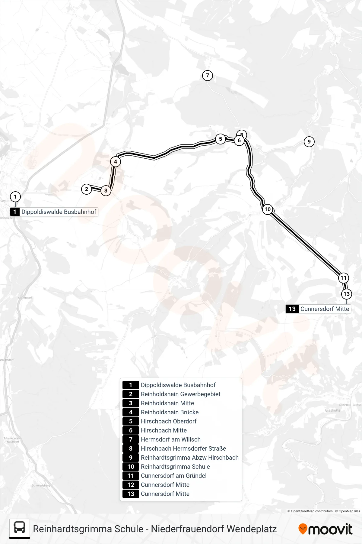 389 bus Line (Cunnersdorf Mitte) route and stops on a map