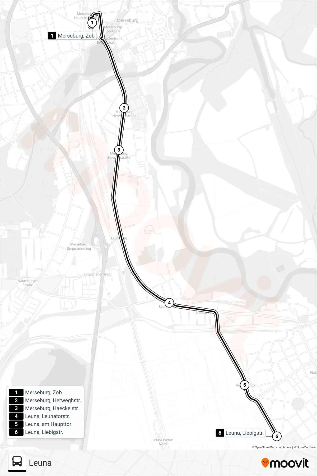 744 bus Line (Leuna) route and stops on a map