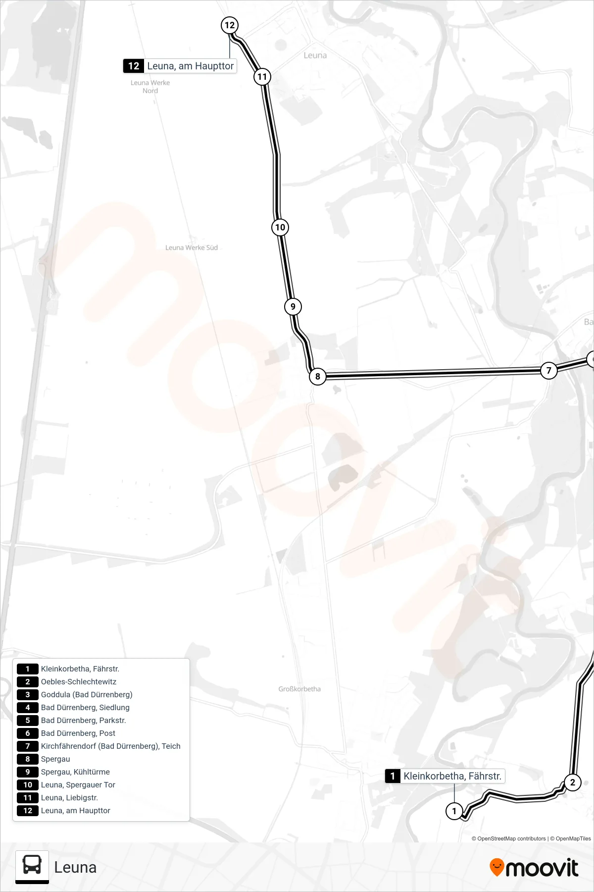744 bus Line (Leuna) route and stops on a map